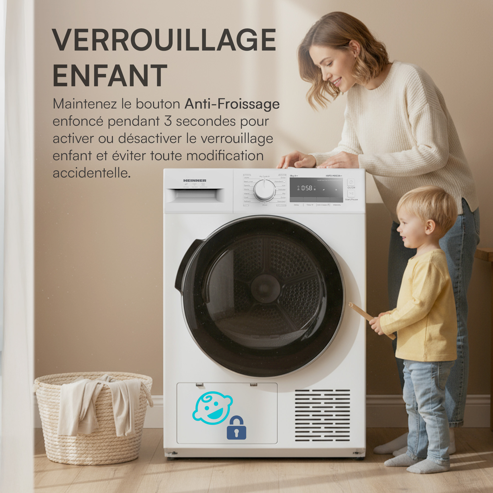 Une femme et un enfant près d'un sèche-linge. Texte sur le verrouillage enfant. Un panier avec des vêtements en bas à gauche.