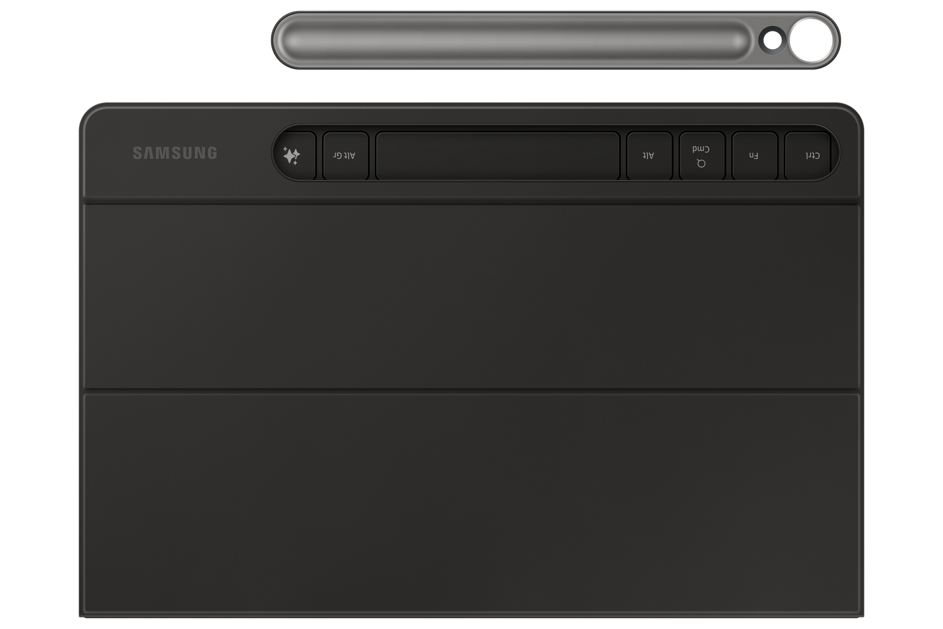 Un teclado Samsung negro con un bolígrafo plateado. El teclado tiene teclas de función y el logotipo de Samsung. Fondo blanco.