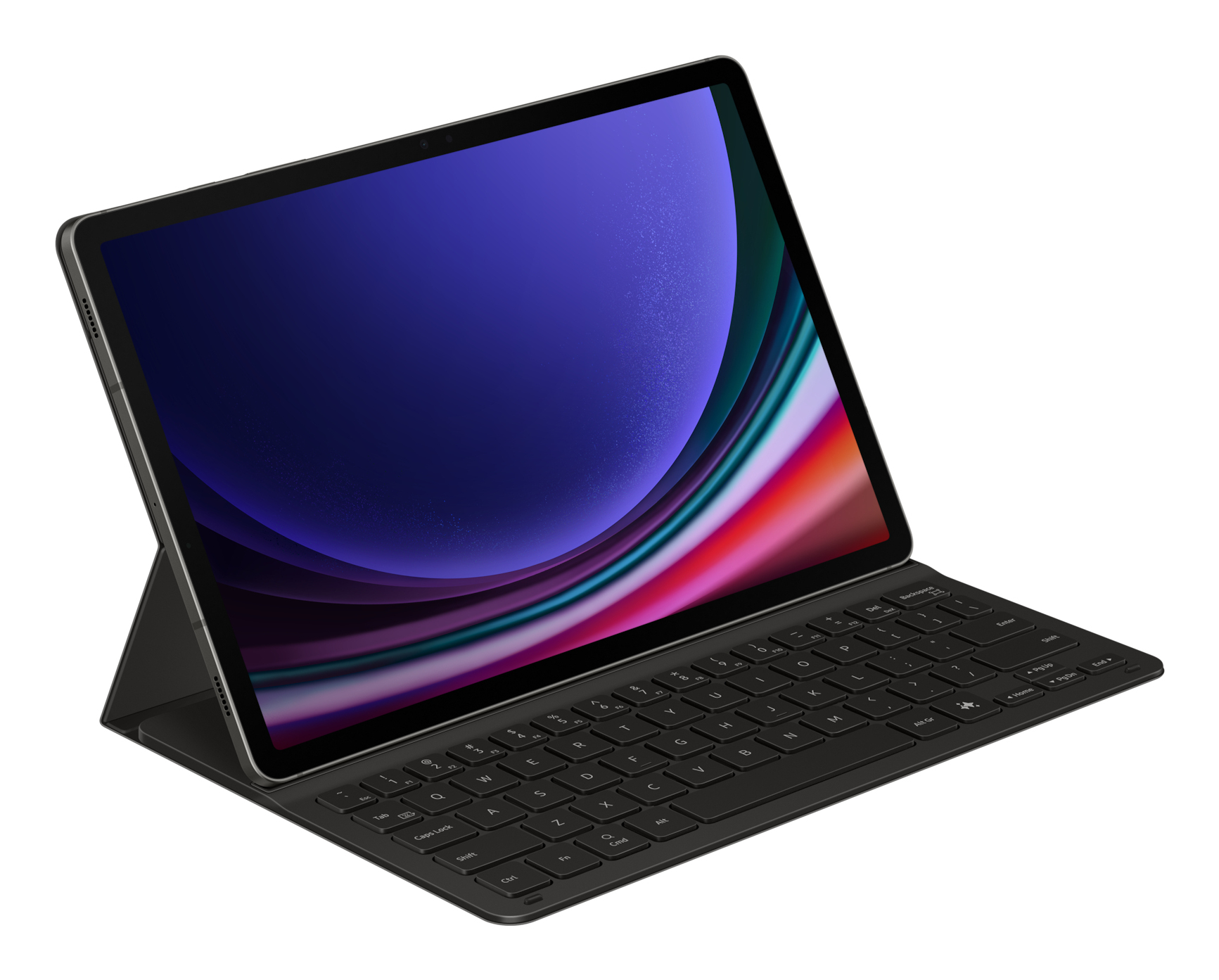 Un iPad Pro con funda de teclado. La pantalla muestra un degradado de colores. El teclado es negro.