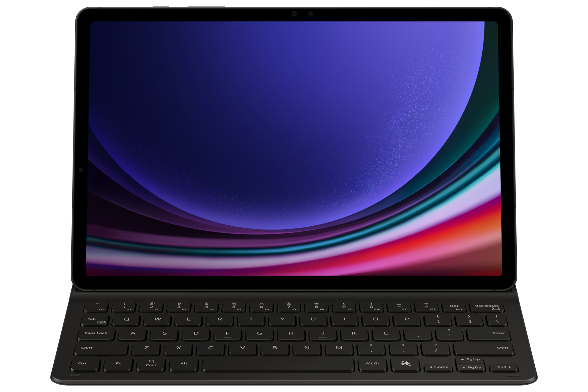 Una tableta con teclado. La pantalla muestra un diseño abstracto colorido. El teclado es negro.