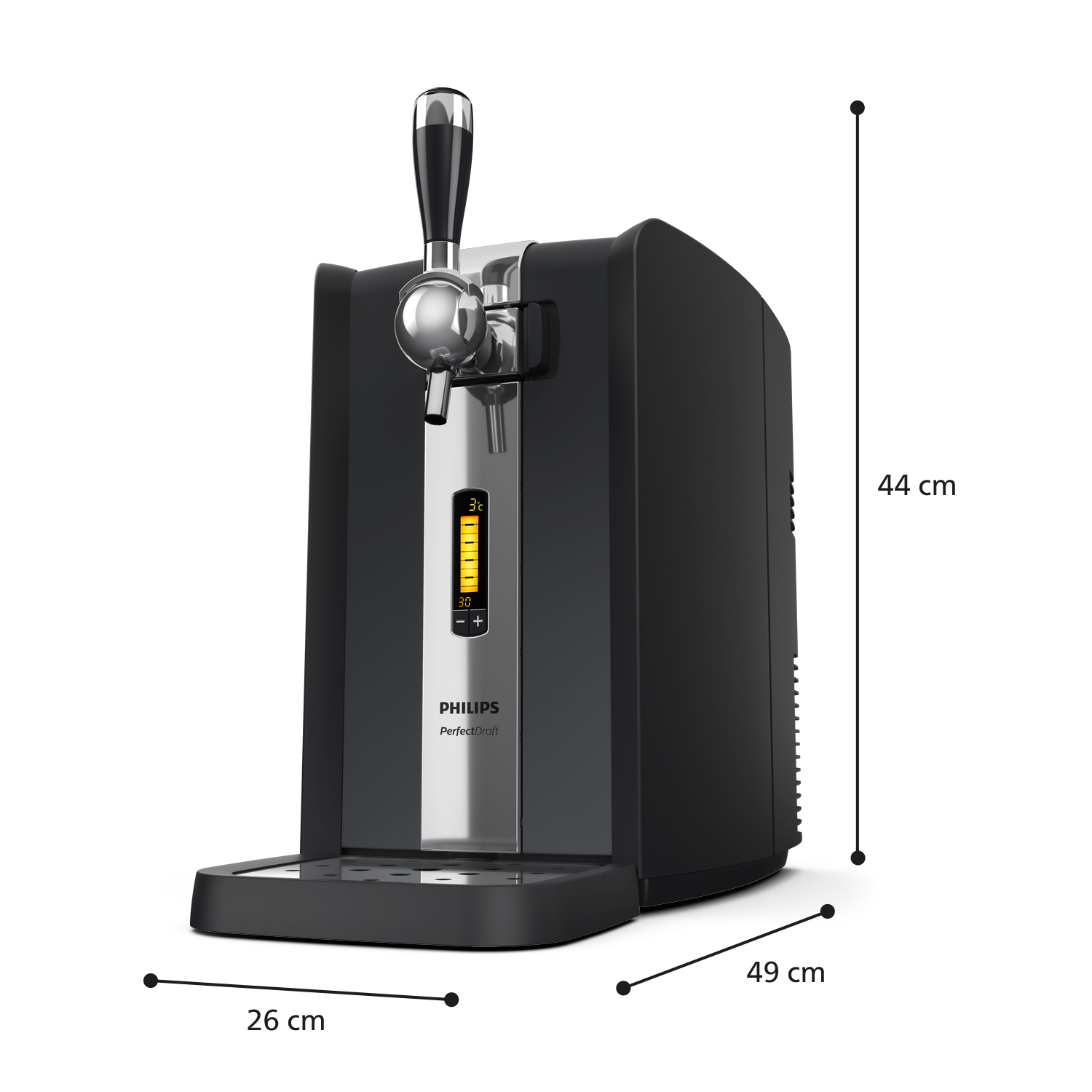 Un erogatore di birra nero Philips PerfectDraft. Ha un rubinetto, un display della temperatura e un vassoio raccogli gocce, con dimensioni.