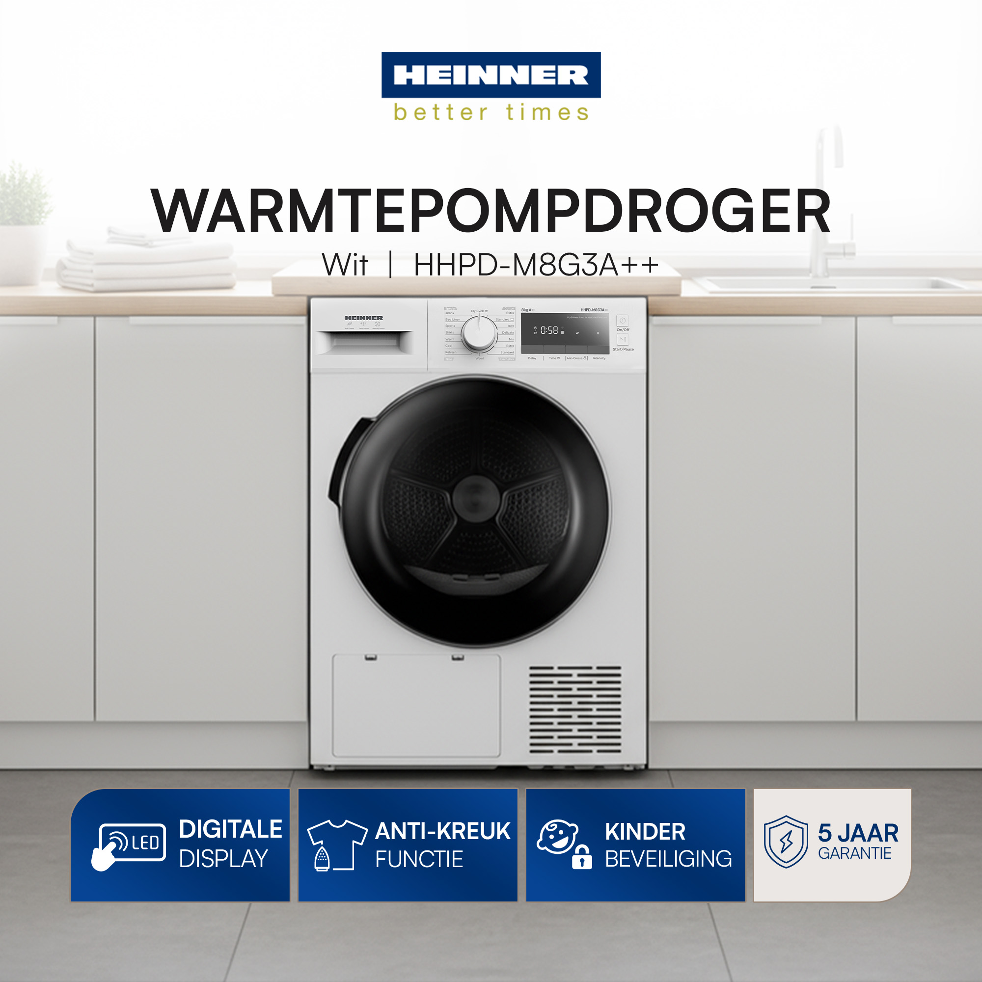 Ein weißer Trockner mit schwarzer Tür. Text enthält 'Warmtepompdroger', 'Digitale Display' und '5 jaar Garantie'.