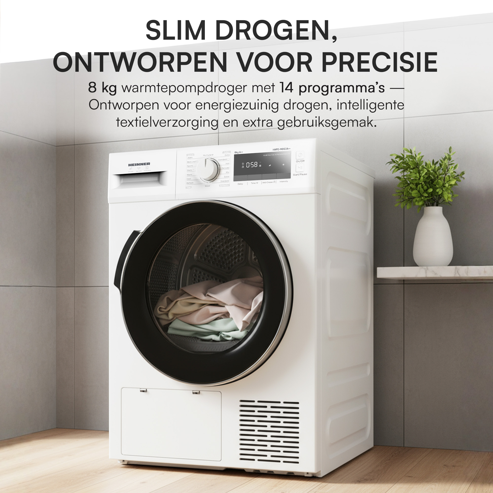 Ein weißer Trockner mit Kleidung darin. Rechts ist eine Pflanze. Darüber steht 'SLIM DROGEN'.