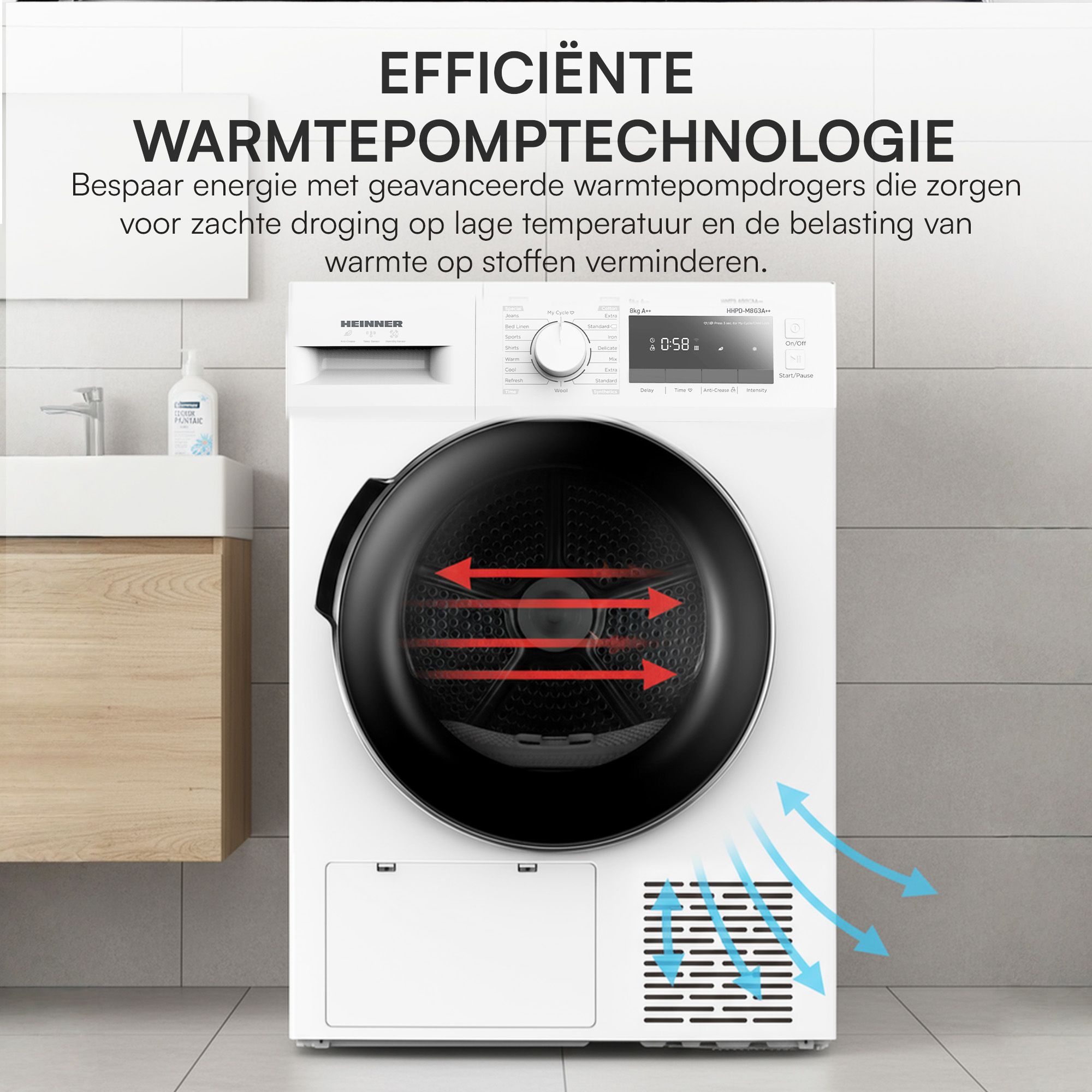 Weißer Trockner mit schwarzer Tür. Rote Pfeile zeigen den Luftstrom. Text: 'Effiziente Wärmepumpentechnologie'.