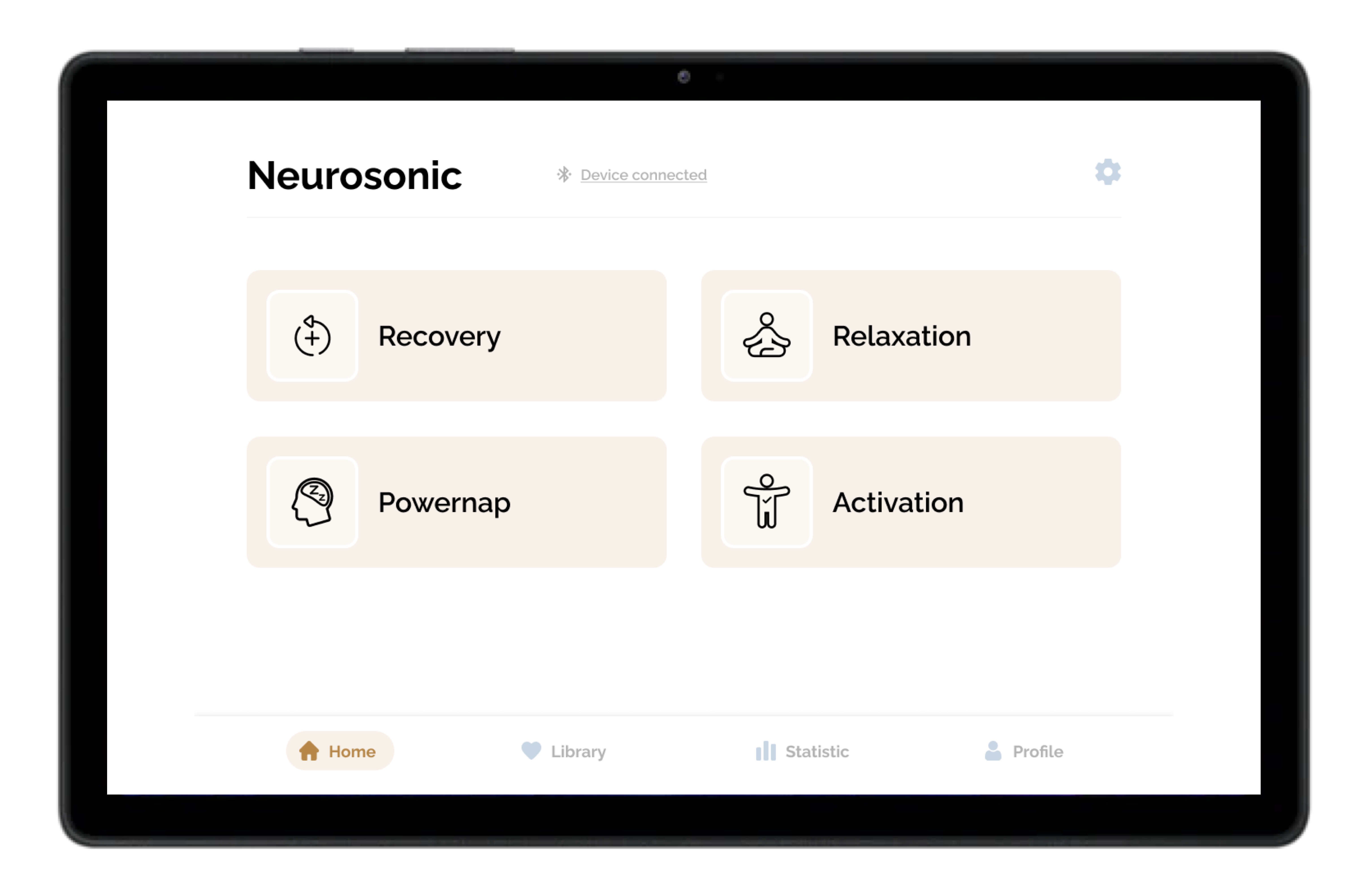 Tabletscherm met een wellness-app met vier opties: Herstel, Ontspanning, Powernap en Activering.