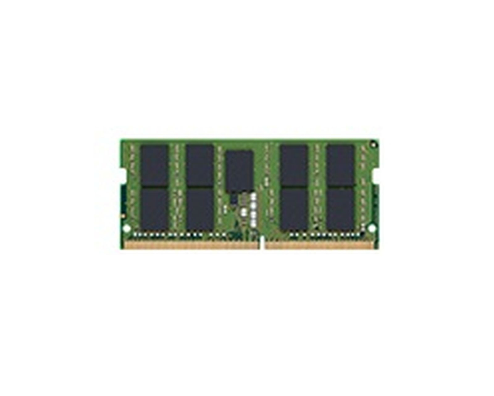 Un modulo RAM con un circuito stampato verde e otto chip rettangolari neri su sfondo bianco.