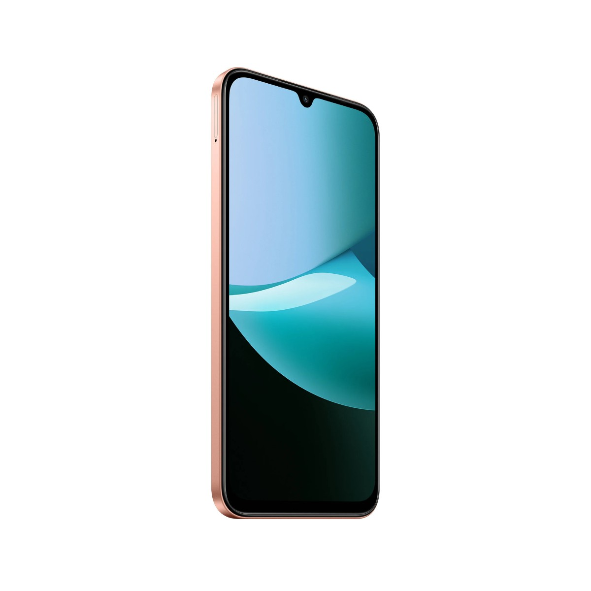 Smartfon w kolorze różowego złota jest pokazany pod kątem. Ekran wyświetla jasnoniebieski i turkusowy abstrakcyjny wzór fal.