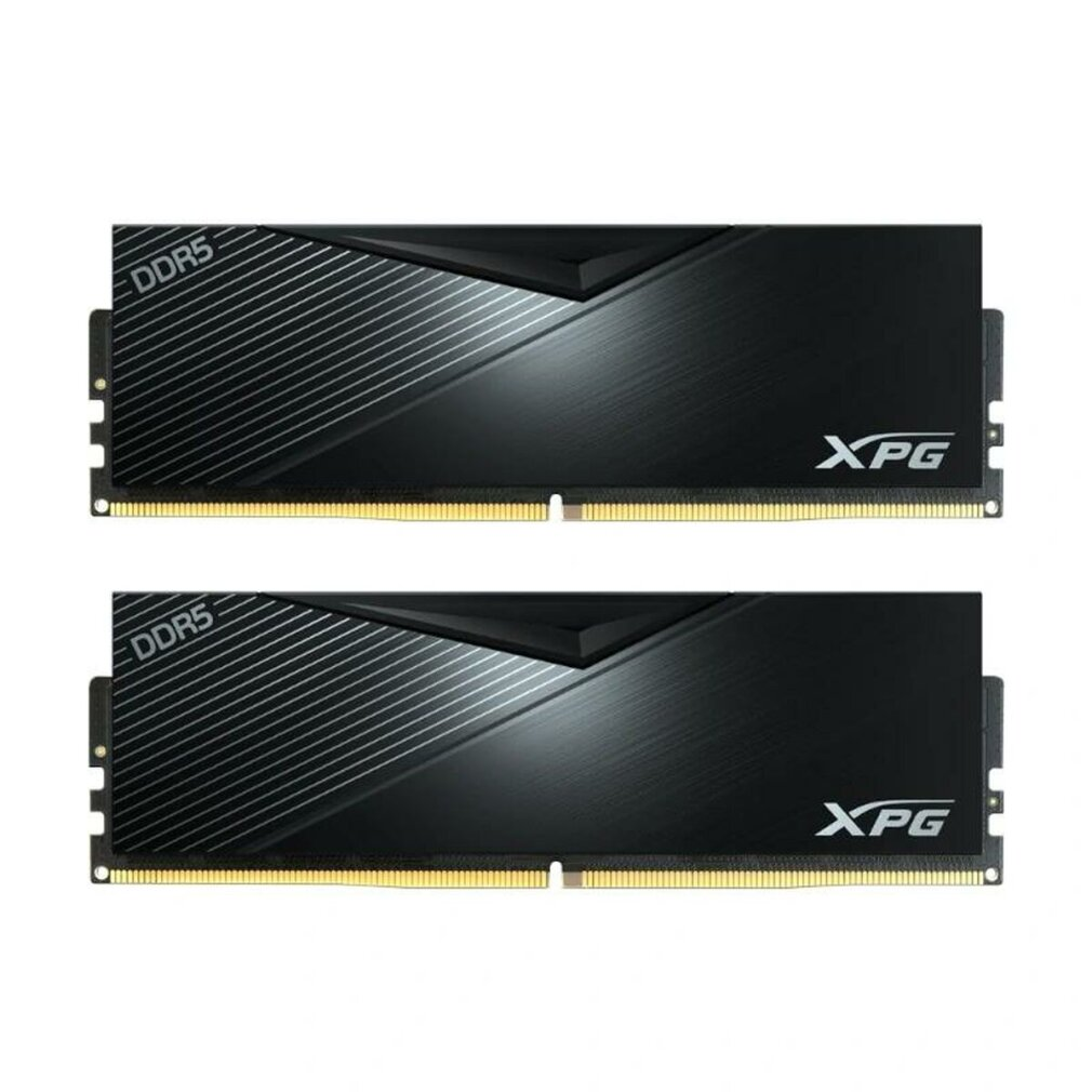 Wyświetlane są dwa czarne moduły RAM DDR5 XPG. Mają elegancki design z logo XPG i złotymi złączami. Tło jest białe.