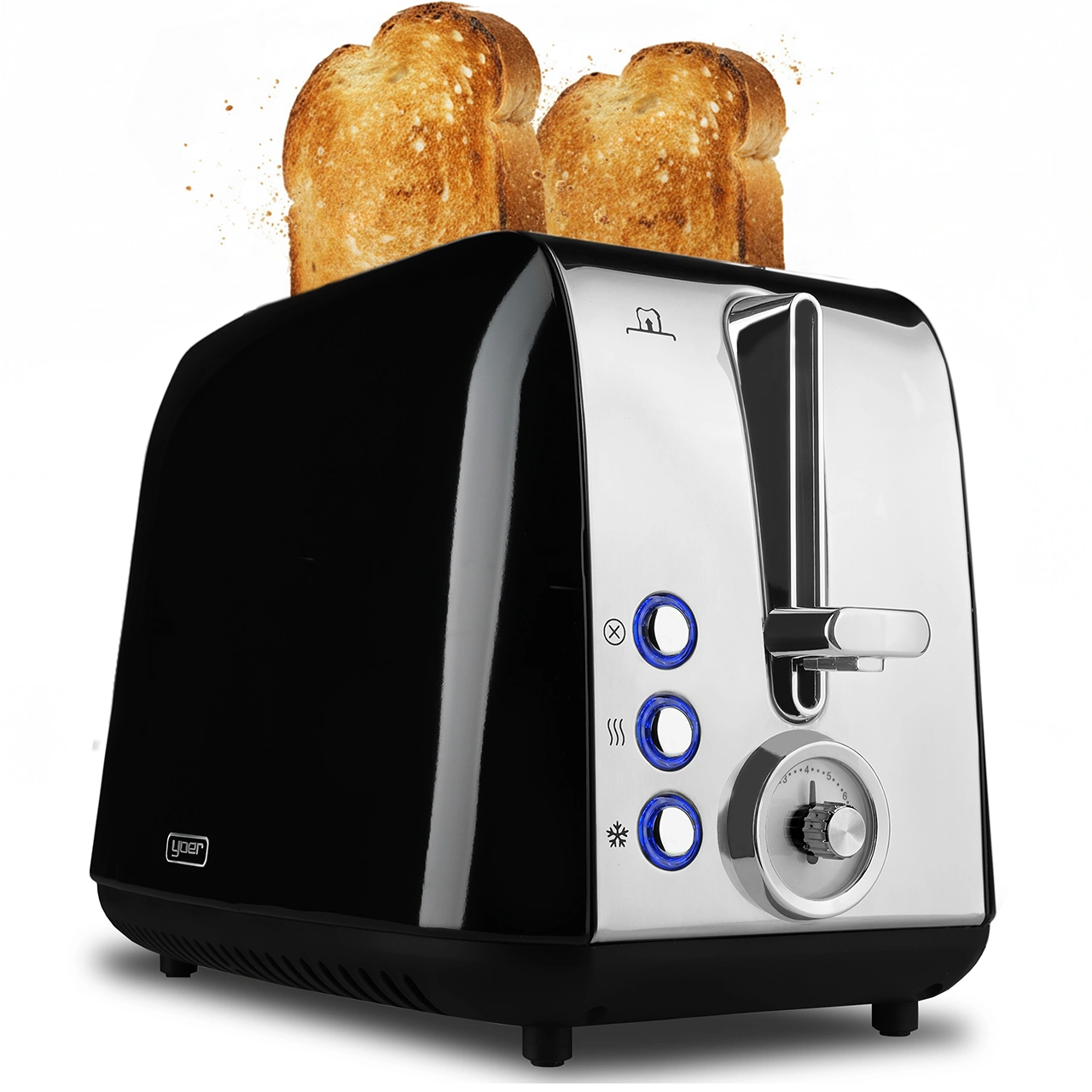 Czarny i chromowany toster z dwoma kawałkami tostów wyskakującymi. Ma podświetlane na niebiesko przyciski i pokrętło timera.