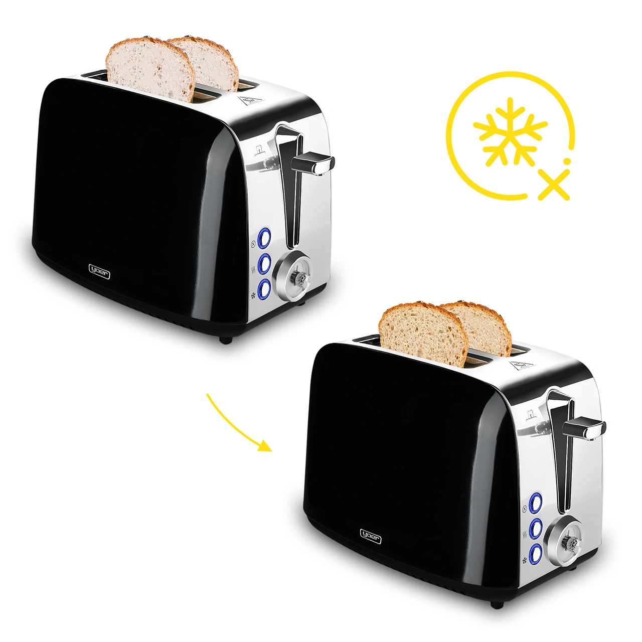 Dwa czarne tostery z kromkami chleba. Jeden toster ma symbol płatka śniegu, wskazujący funkcję rozmrażania.