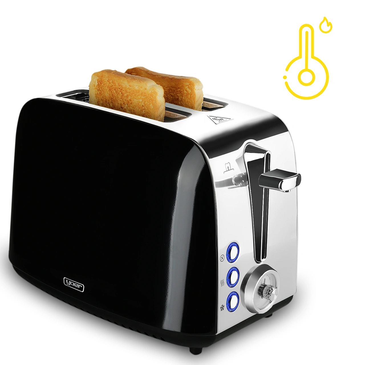 Czarny i srebrny toster z dwoma kawałkami tostów. Żółta ikona ciepła po prawej stronie.