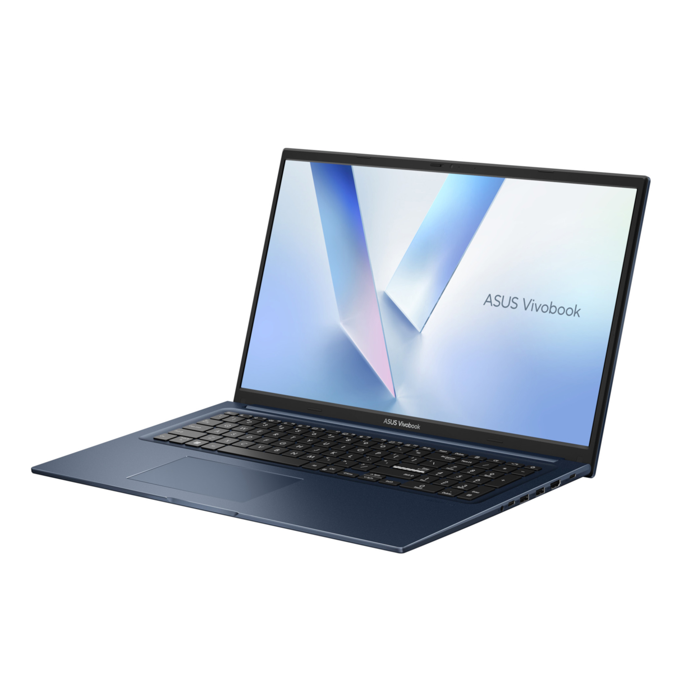 Ein blaues ASUS Vivobook-Laptop wird in einem Winkel geöffnet angezeigt. Der Bildschirm zeigt ein hellblaues, abstraktes Design.