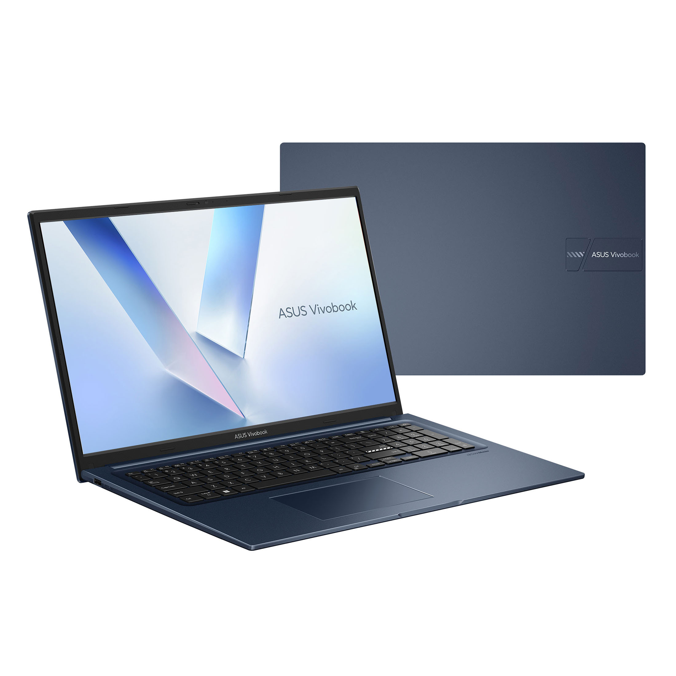 Ein blauer ASUS Vivobook-Laptop wird in einem Winkel angezeigt, mit einer passenden Abdeckung dahinter. Der Bildschirm zeigt den Markennamen.