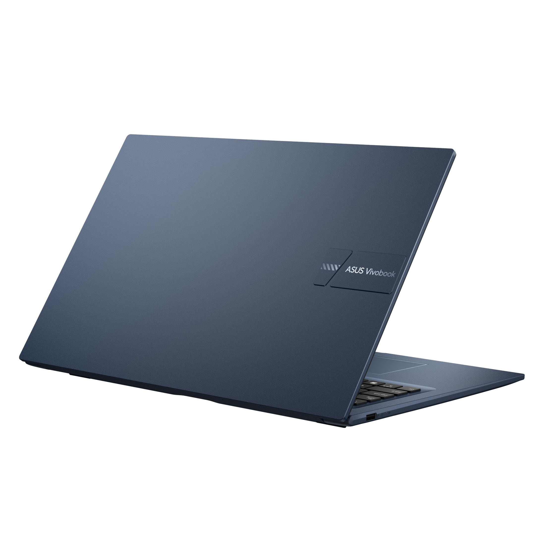 Ein dunkelblauer Laptop, ASUS Vivobook-Logo oben, ist leicht geöffnet auf weißem Hintergrund abgebildet.