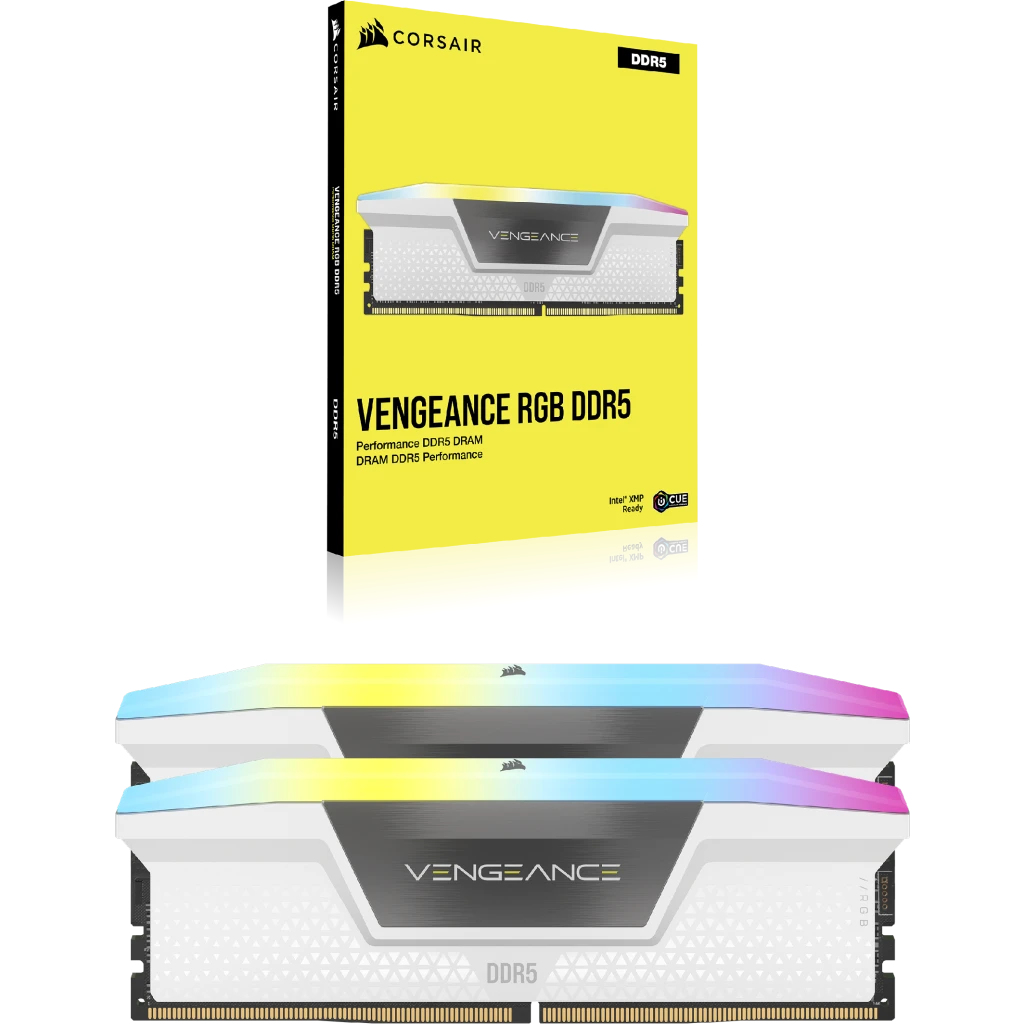 Dwa moduły RAM DDR5 z oświetleniem RGB i pudełko. Na pudełku napis 'VENGEANCE RGB DDR5' i 'CORSAIR'.