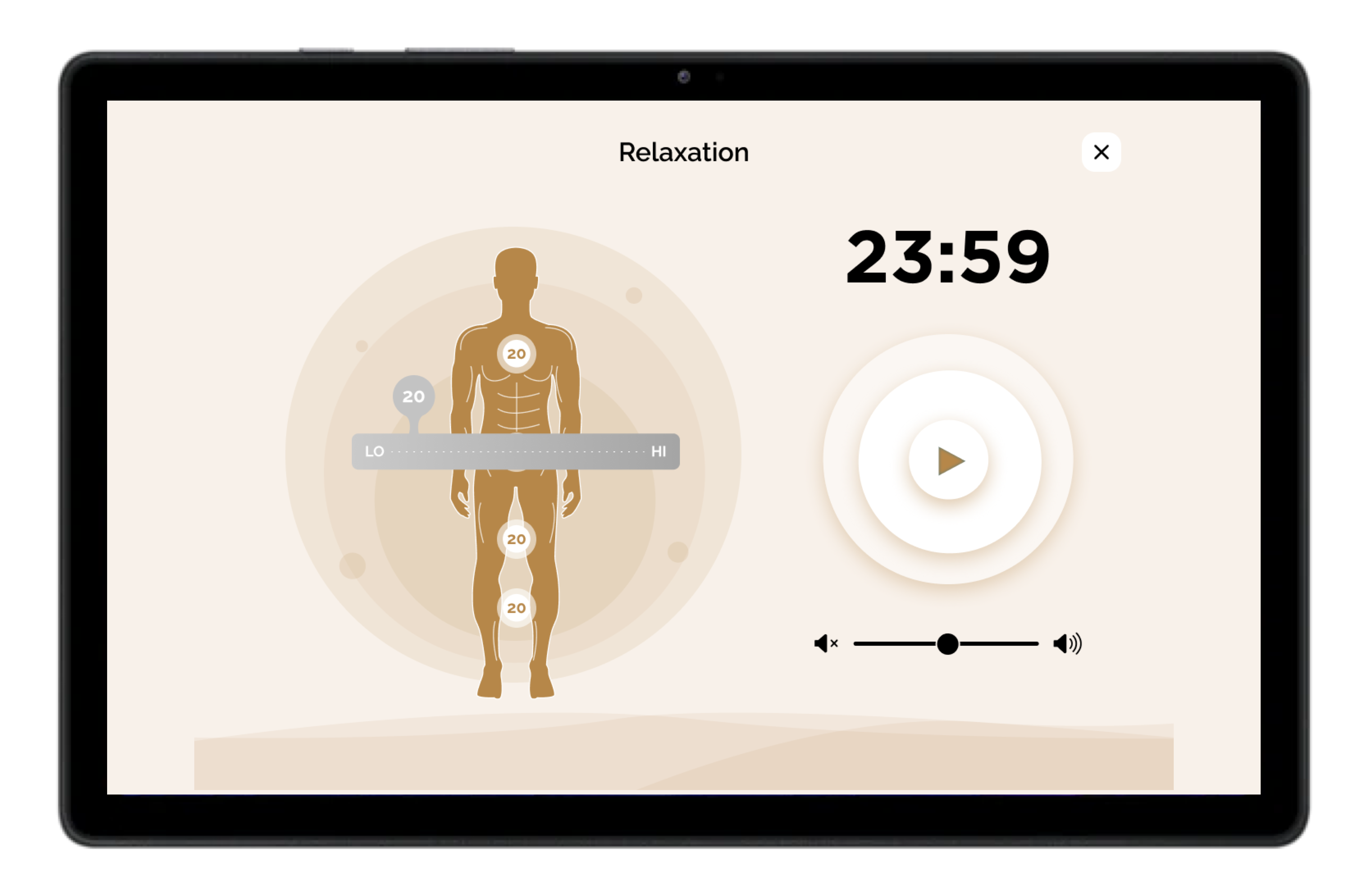 Tabletscherm toont een ontspanningsapp-interface. Het heeft een lichaamsdiagram, timer en afspeelknop.