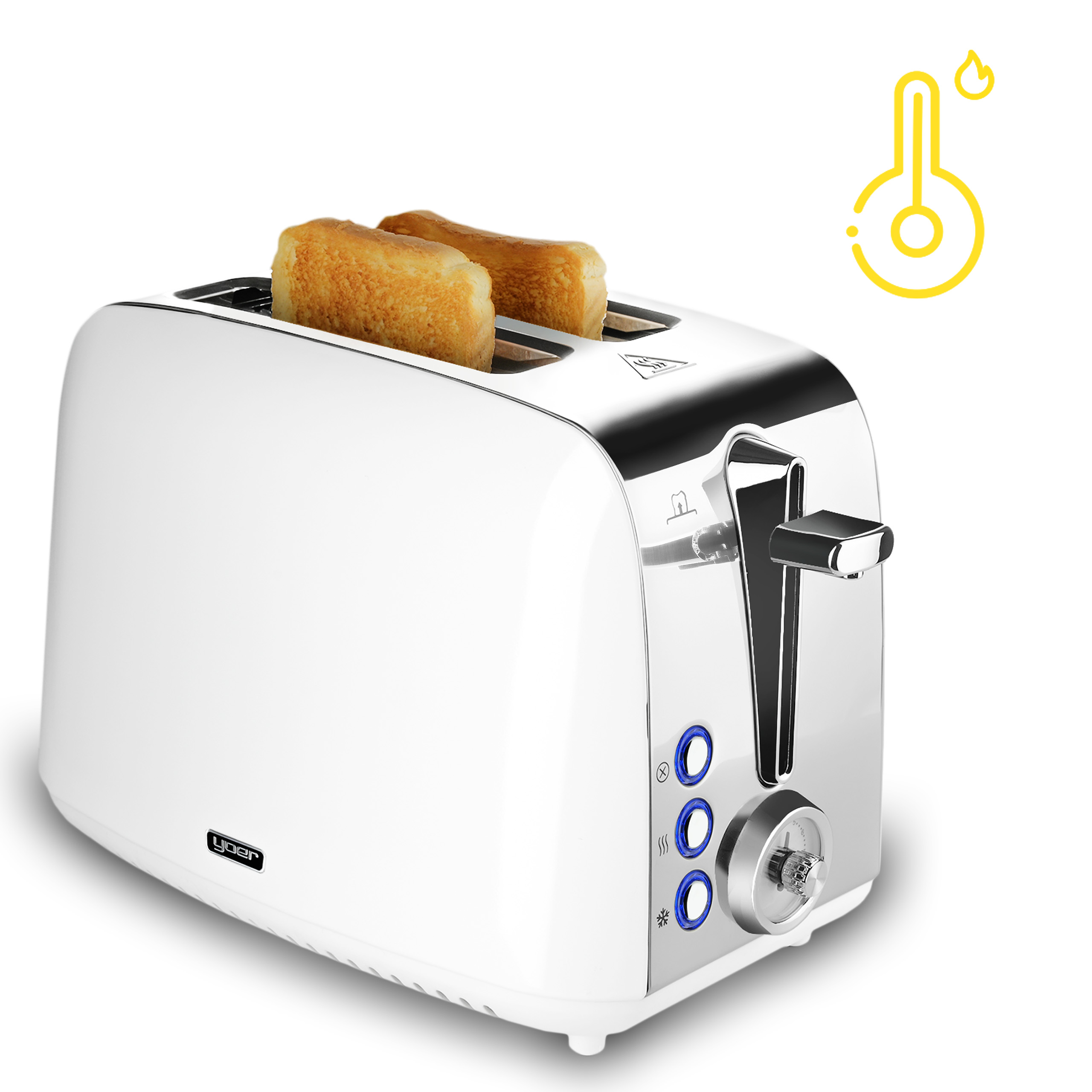 Biały toster z dwoma kromkami tostów. Ma srebrne akcenty i ikonę temperatury.