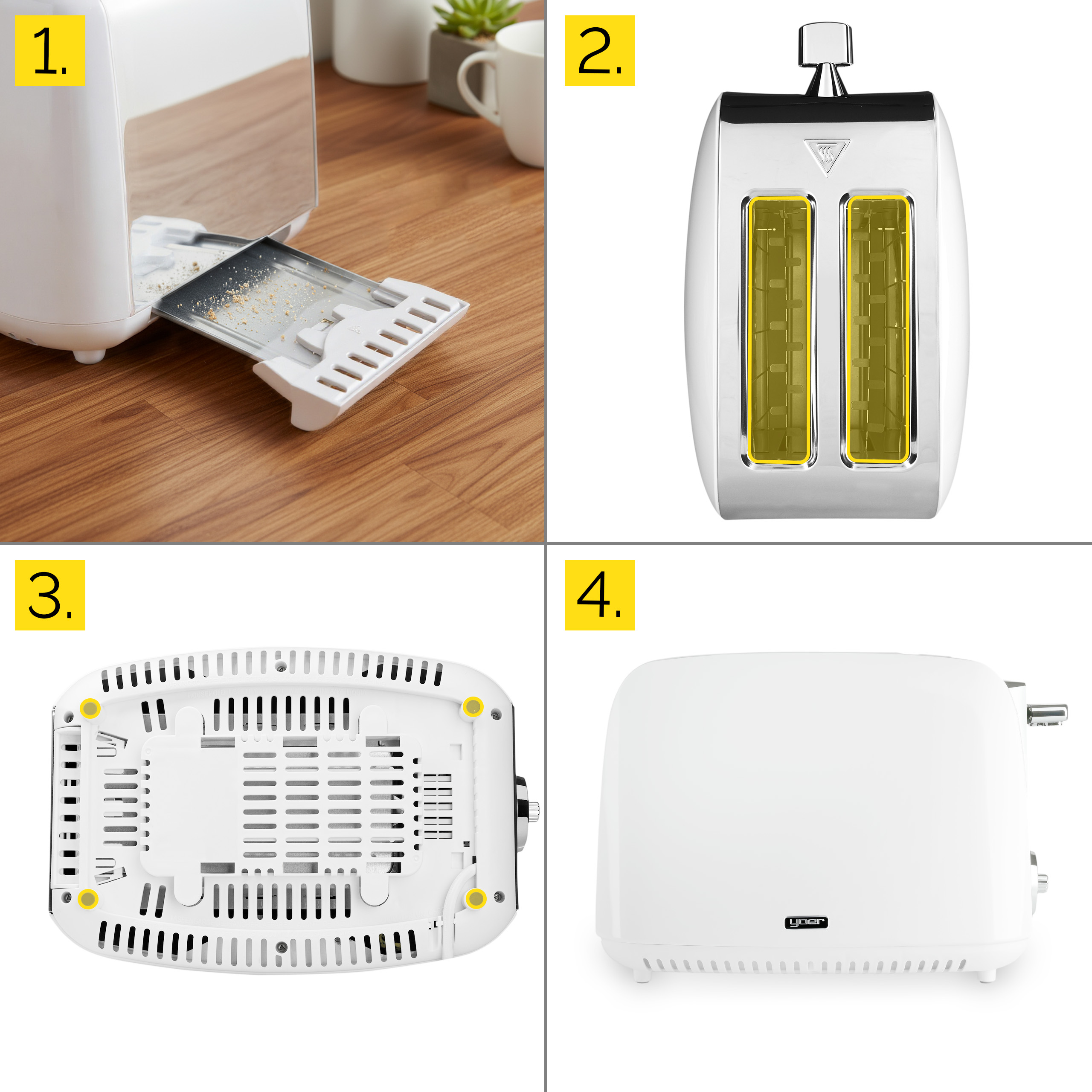 Biały toster z dwoma otworami, tacka na okruchy wysunięta. Podstawa biała, błyszczące metalowe boki i brązowa powierzchnia drewna.