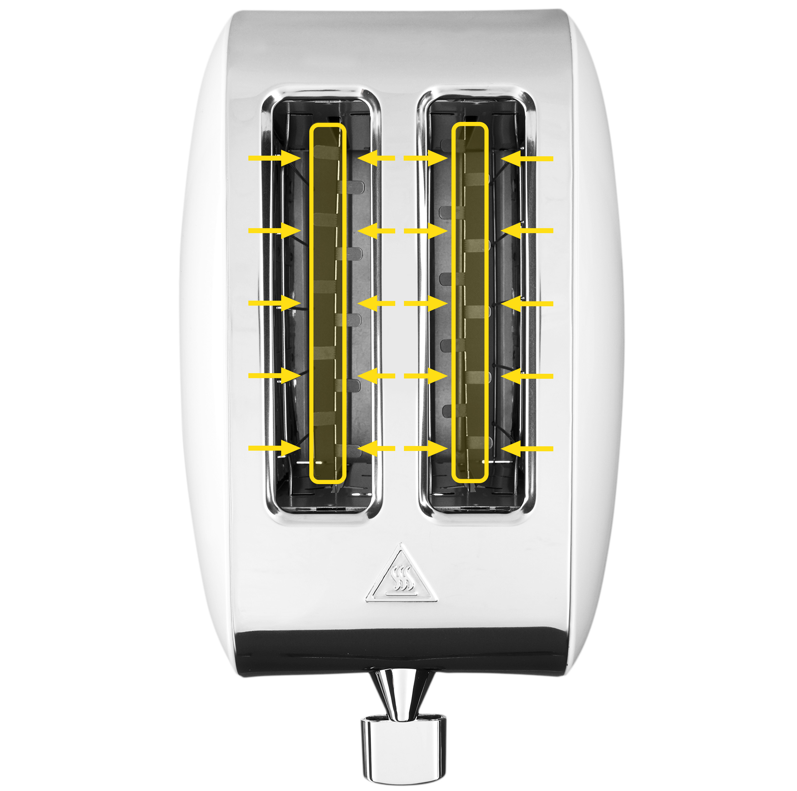 Zbliżenie białego tostera z dwoma otworami. Żółte strzałki wskazują na otwory.