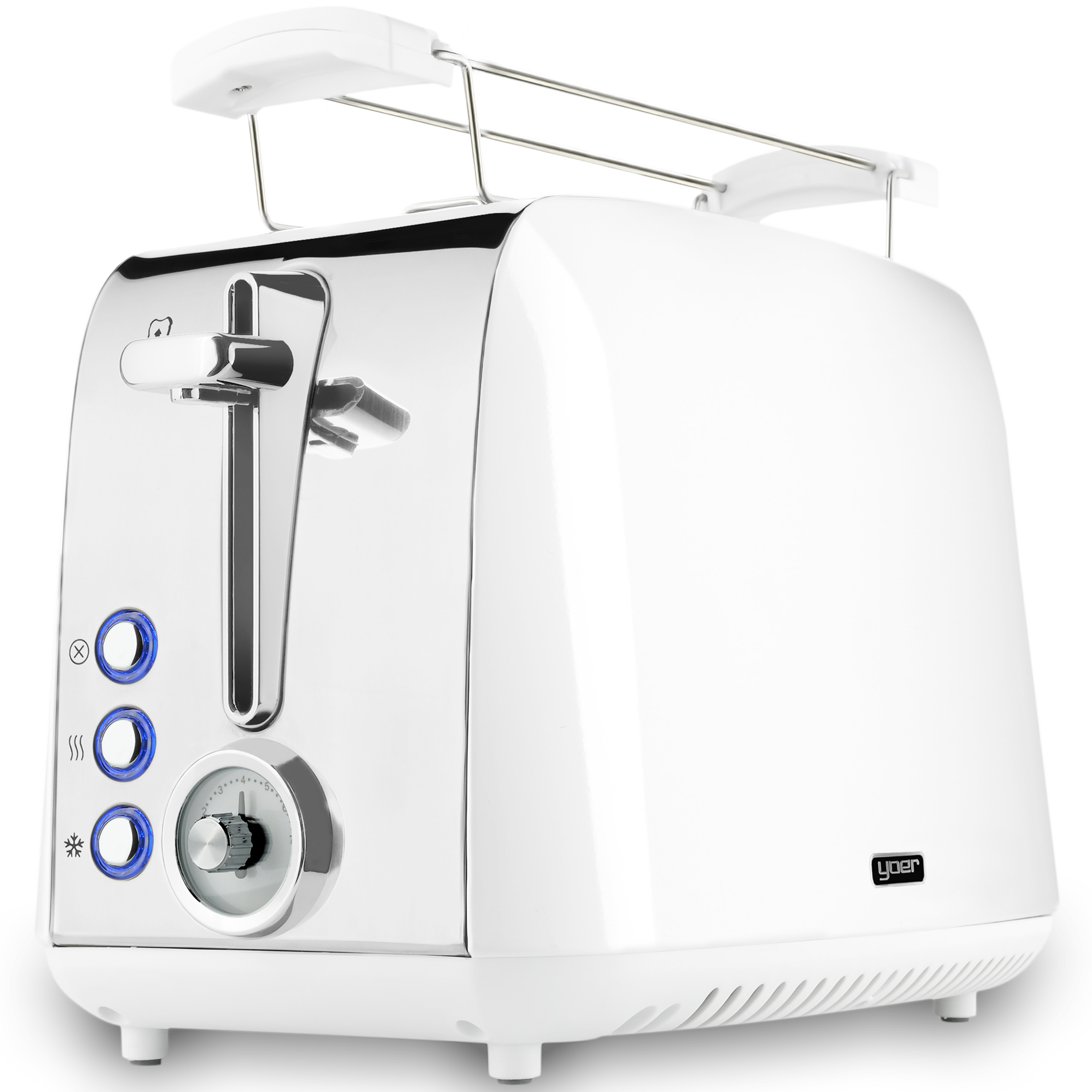 Biały i chromowany toster z niebieskimi podświetlanymi przyciskami i pokrętłem do ustawień. Ma uchwyt na górze.