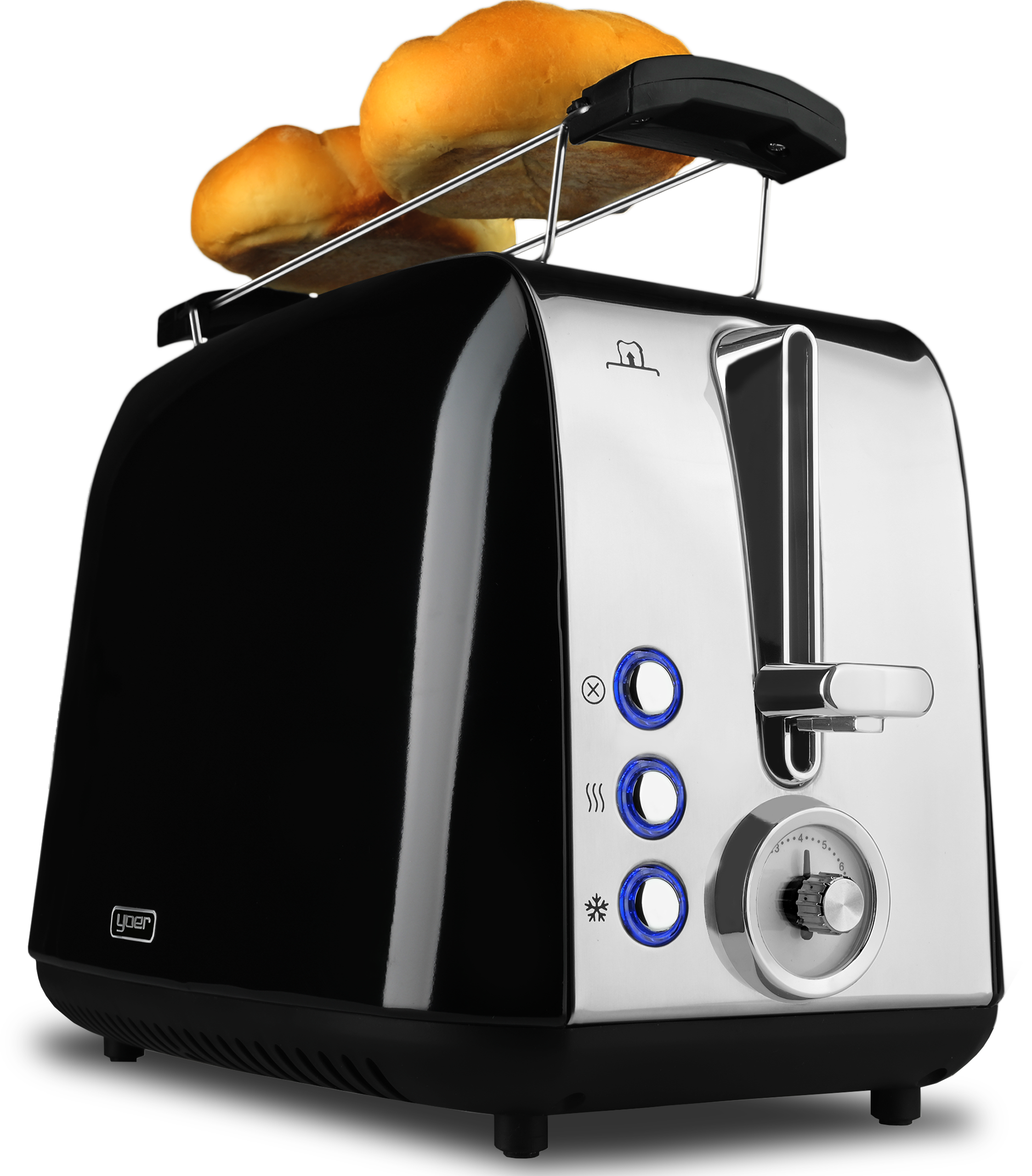 Czarny i srebrny toster z dwoma tostowanymi bułkami w szczelinach. Ma niebieskie przyciski i pokrętło timera.