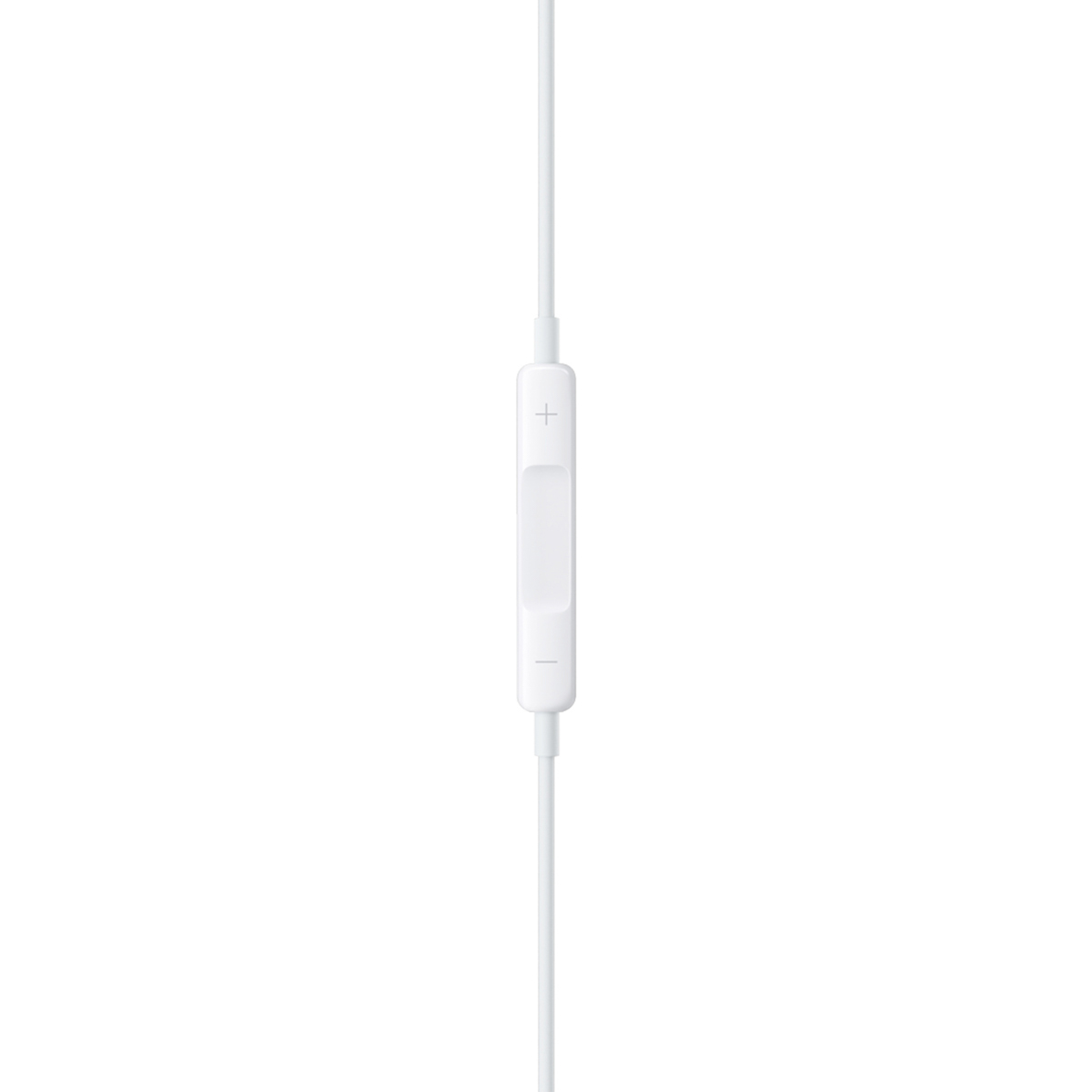 Cavo bianco per auricolari con telecomando bianco. Il telecomando ha i pulsanti + e -. Lo sfondo è bianco.