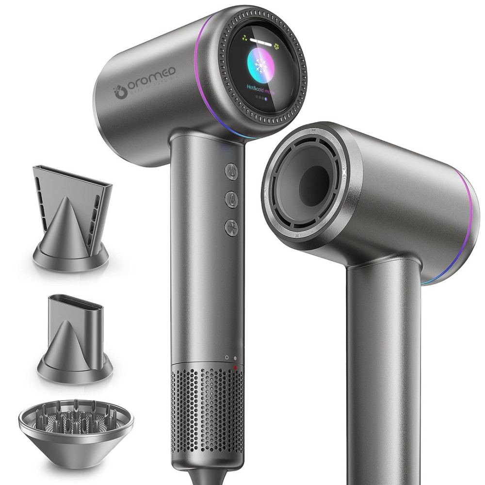 Szara suszarka do włosów z nasadkami. Ma ekran wyświetlający ustawienia. Nasadki są do różnych stylów włosów.