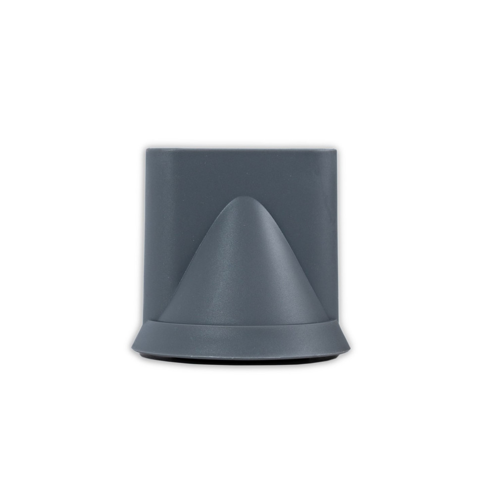 Szara dysza do suszarki do włosów. Ma kształt stożka pośrodku, otoczony cylindrycznym kształtem i płaską podstawą.