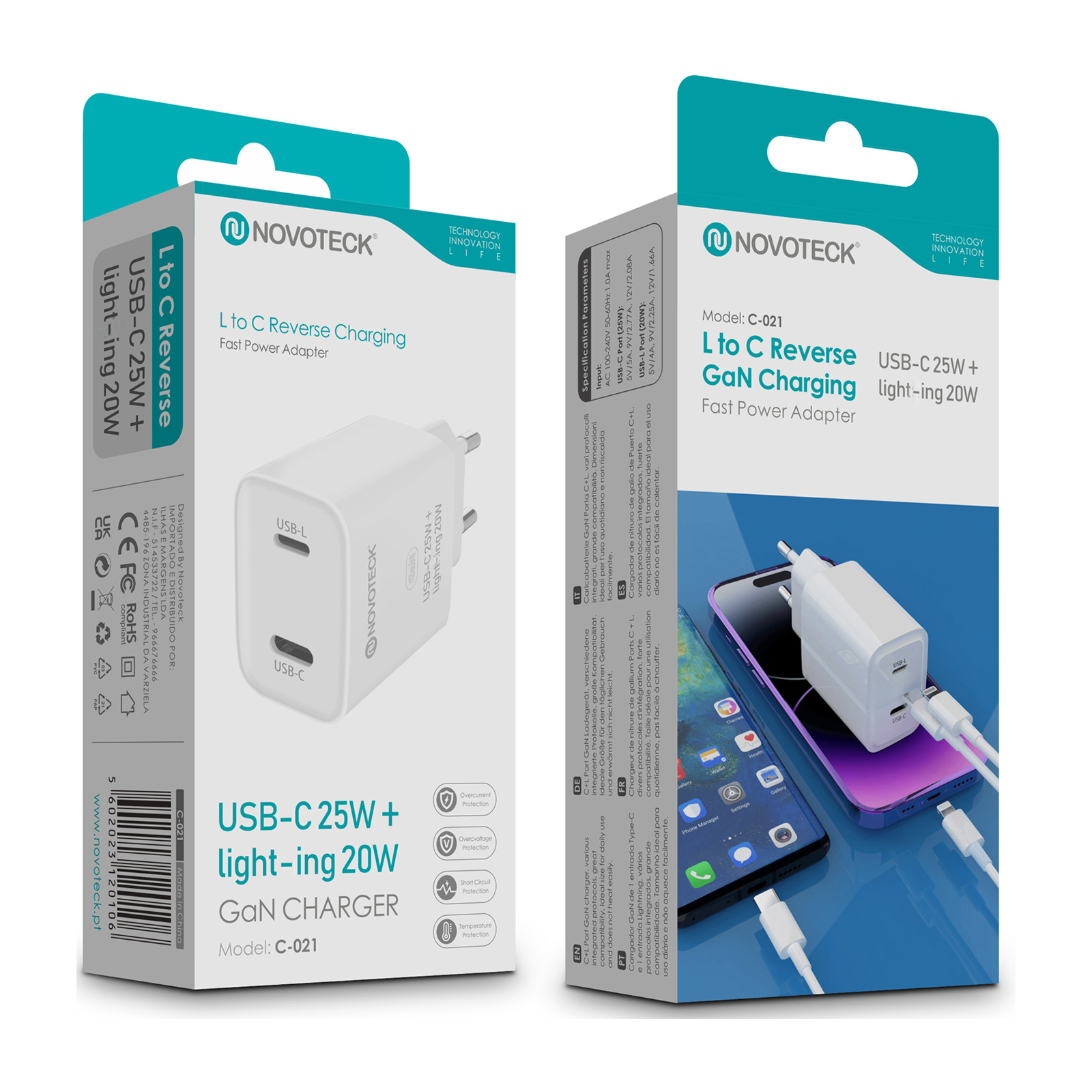 Una caja de cargador Novoteck blanca y un teléfono cargándose desde ella. Texto: L to C Reverse, USB-C 25W.