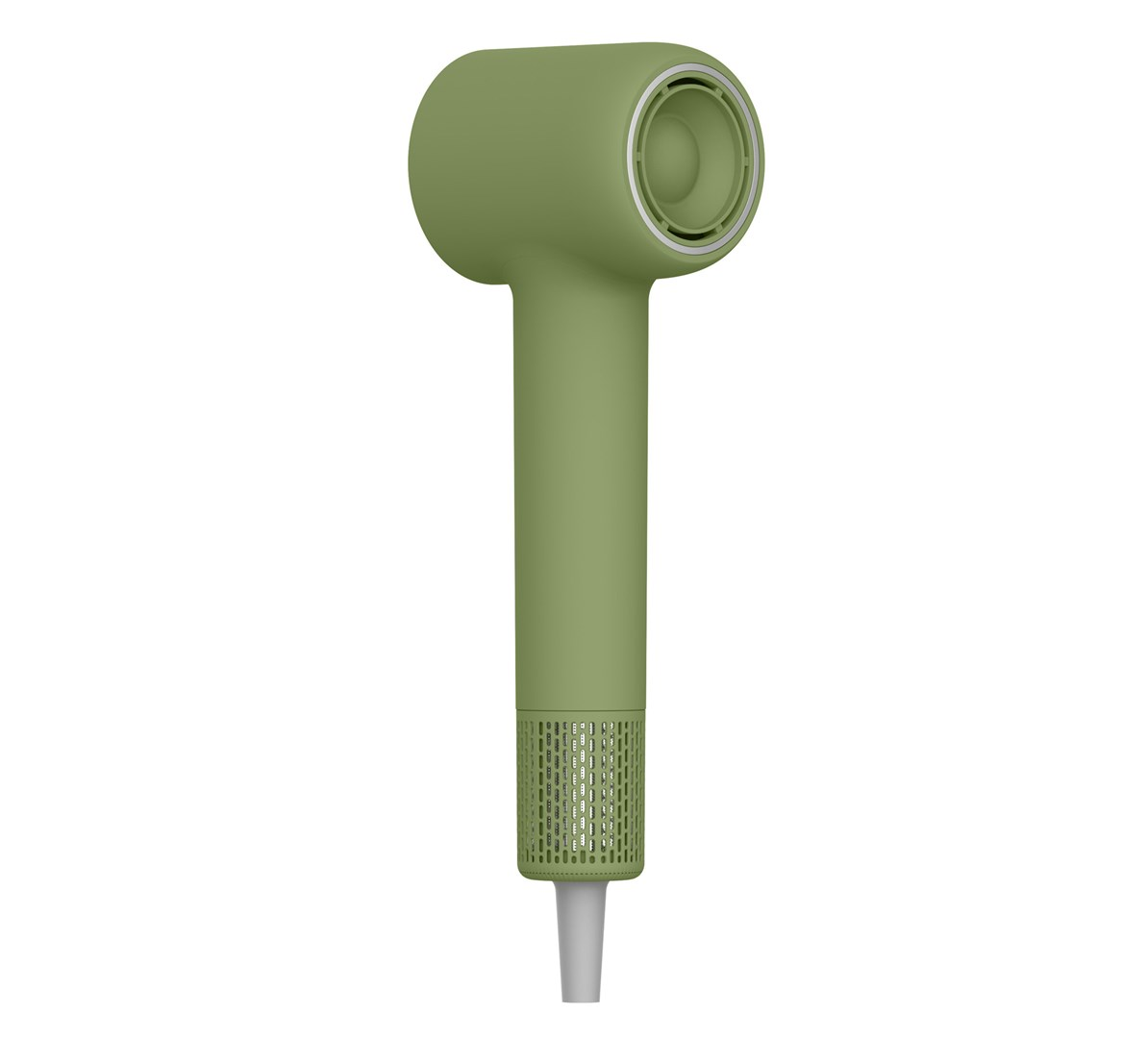 Zielona suszarka do włosów na białym tle. Ma cylindryczną głowicę i uchwyt, z siatką na dole.