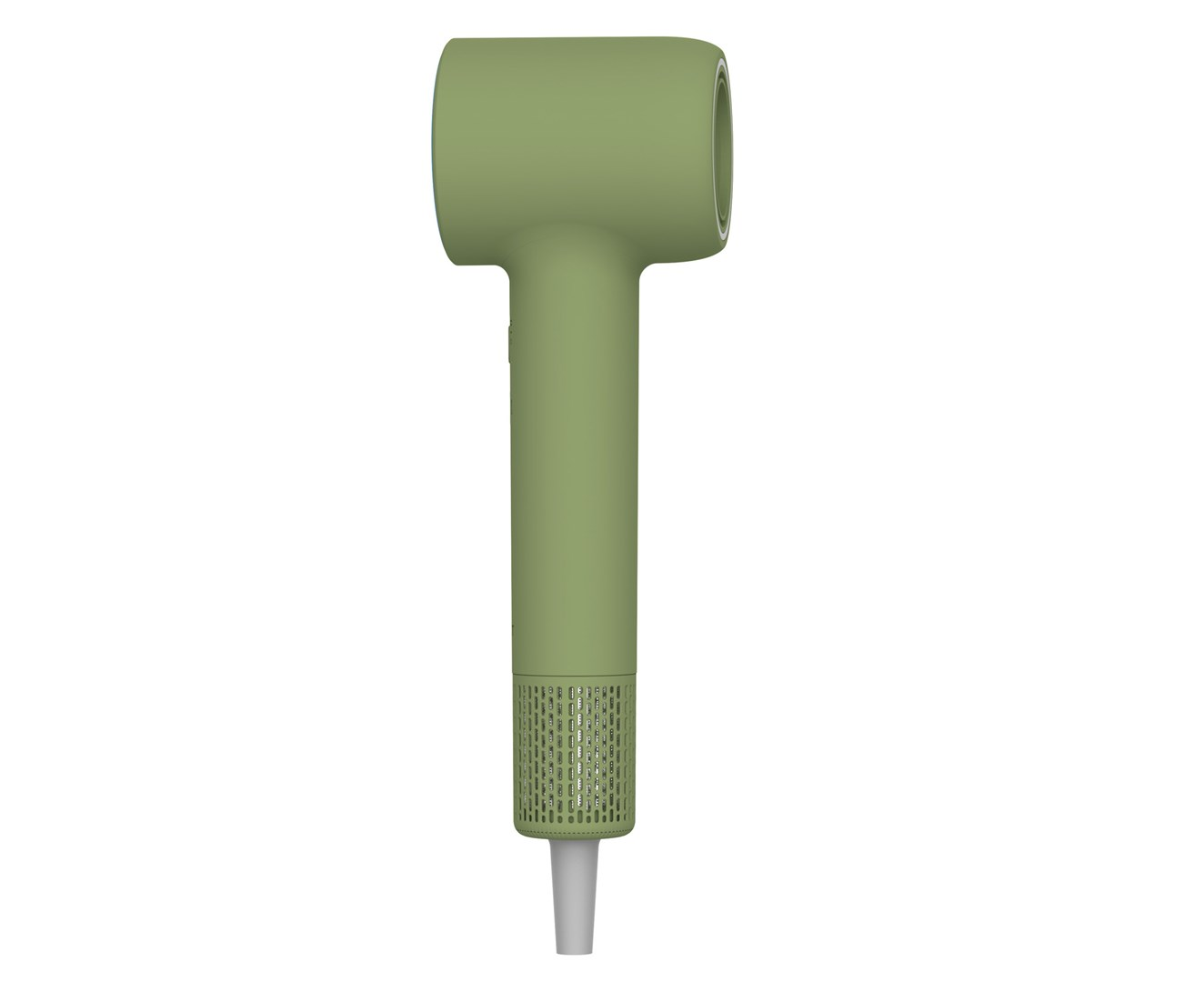 Zielona suszarka do włosów w kształcie litery T. Rączka i głowica są zielone. Końcówka jest szara i ma otwory.