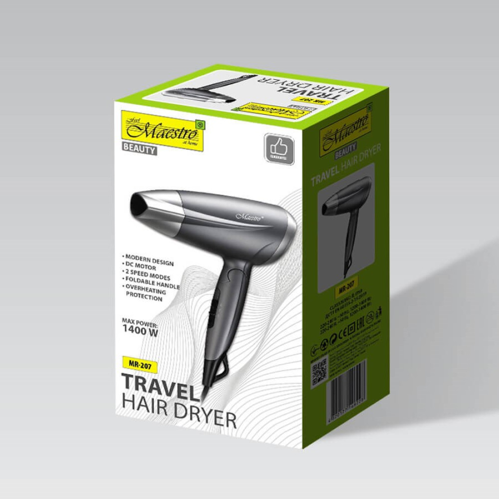 Pudełko z ilustracją suszarki do włosów. Jest szare, ze szczegółami takimi jak 'nowoczesny design', 'składana rączka'. Marka to 'Maestro Beauty'.