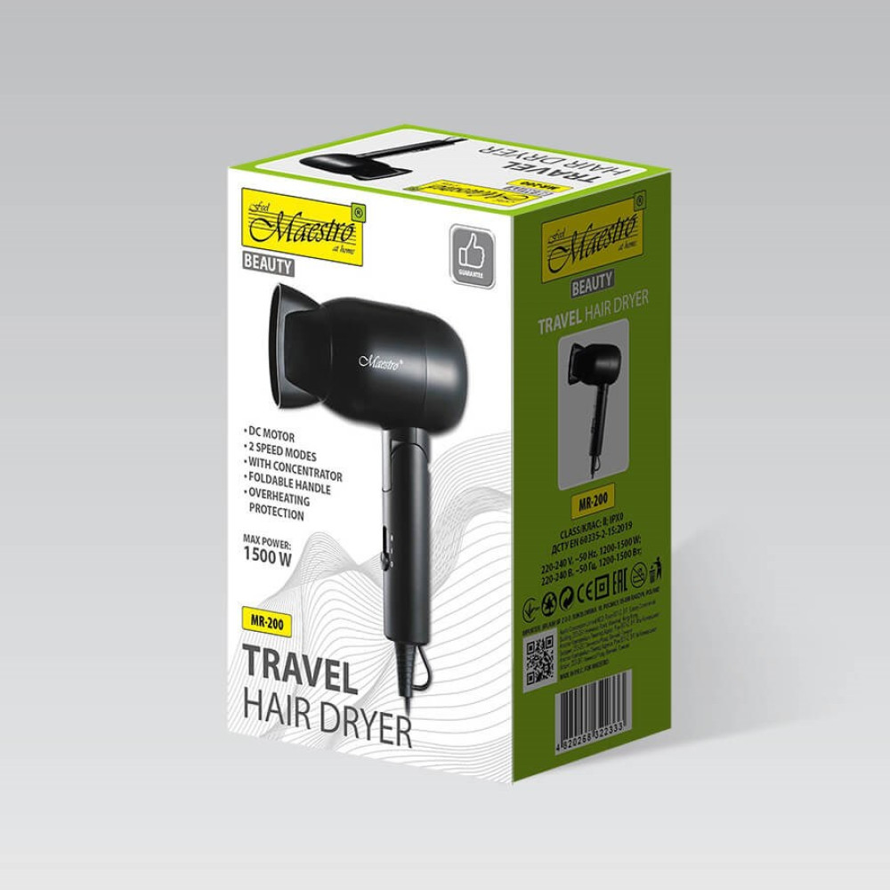 Pudełko czarnej suszarki do włosów Maestro, ze zdjęciem produktu. Tekst zawiera funkcje i moc.