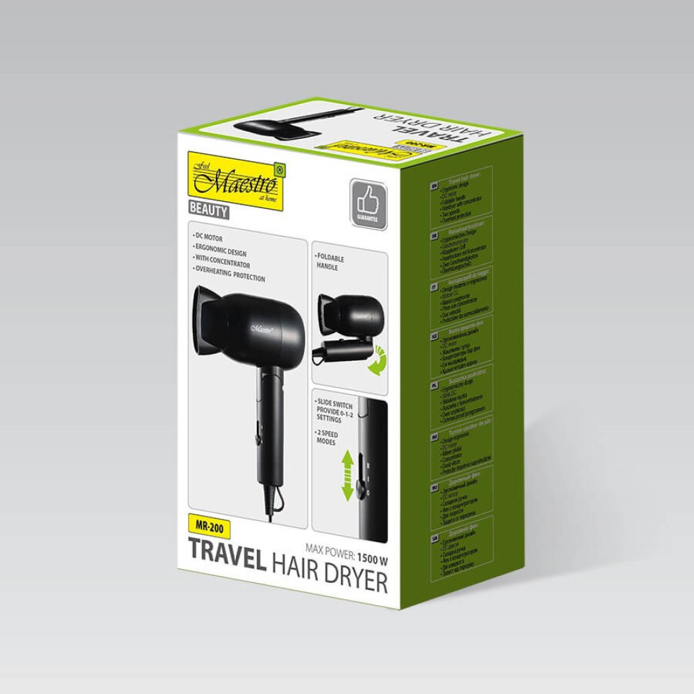 Pudełko suszarki do włosów podróżnej 'Fat Maestro'. Jest czarna, ze składanym uchwytem i 2 trybami prędkości.