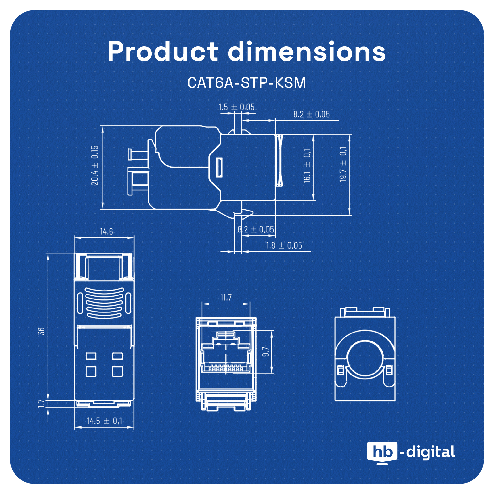 Diagramm zeigt Produktabmessungen eines CAT6A-STP-KSM. Enthält Vorder-, Seiten- und Draufsicht mit Maßen in mm.
