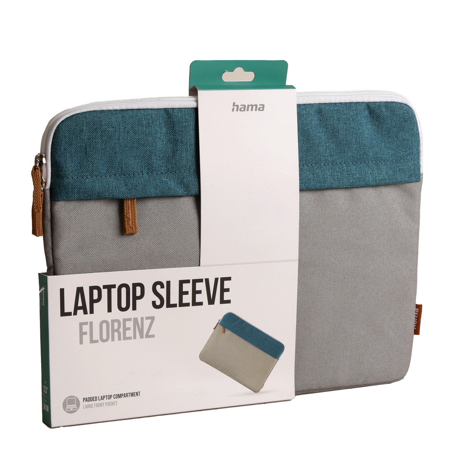 Laptop-Hülle, grau und türkis, mit weißem Etikett. Auf dem Etikett steht 'Laptop Sleeve Florenz'. Der Markenname 'hama' ist sichtbar.