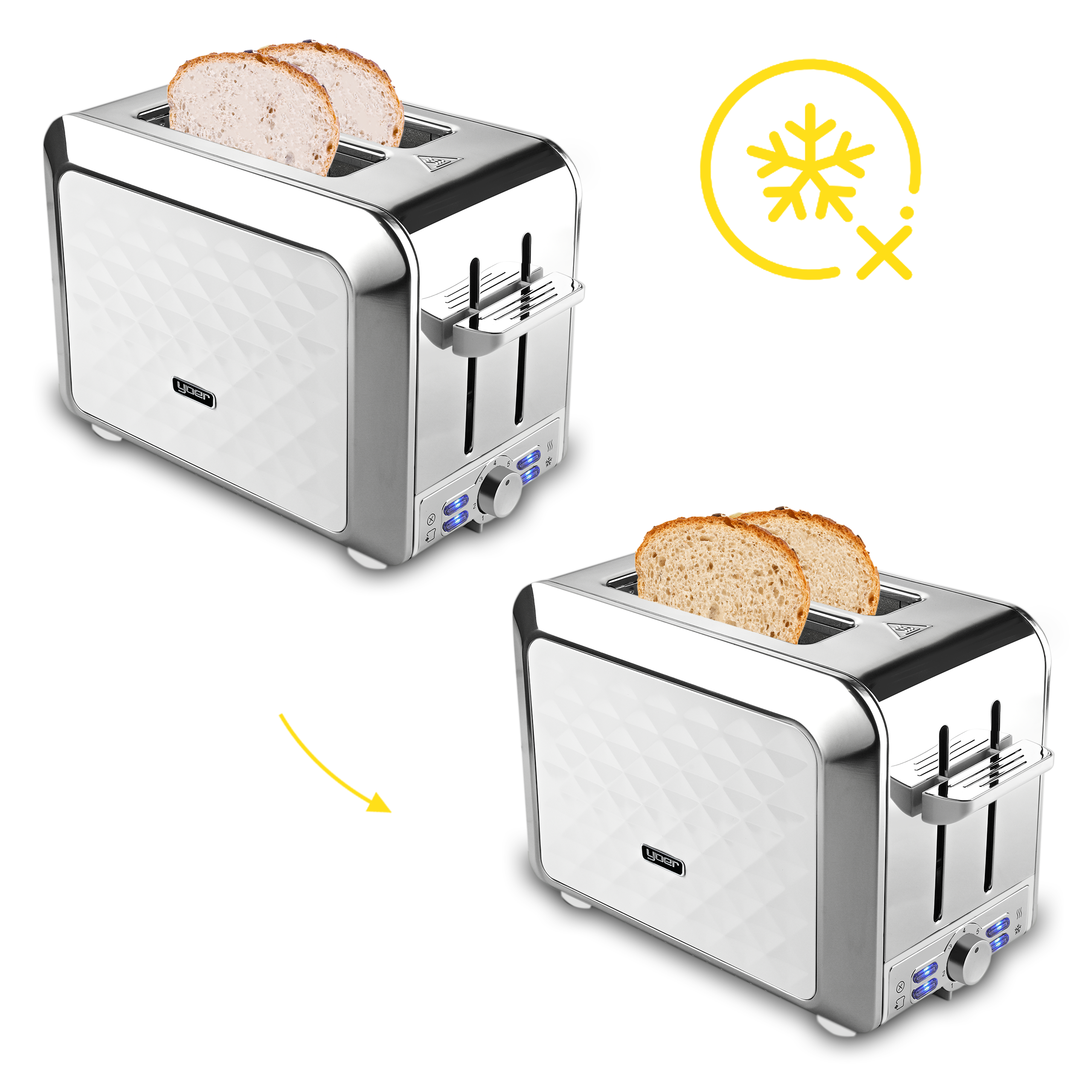 Srebrny toster z kromkami chleba. Widoczna jest żółta ikona płatka śniegu. Obraz pokazuje koncepcję przed/po.