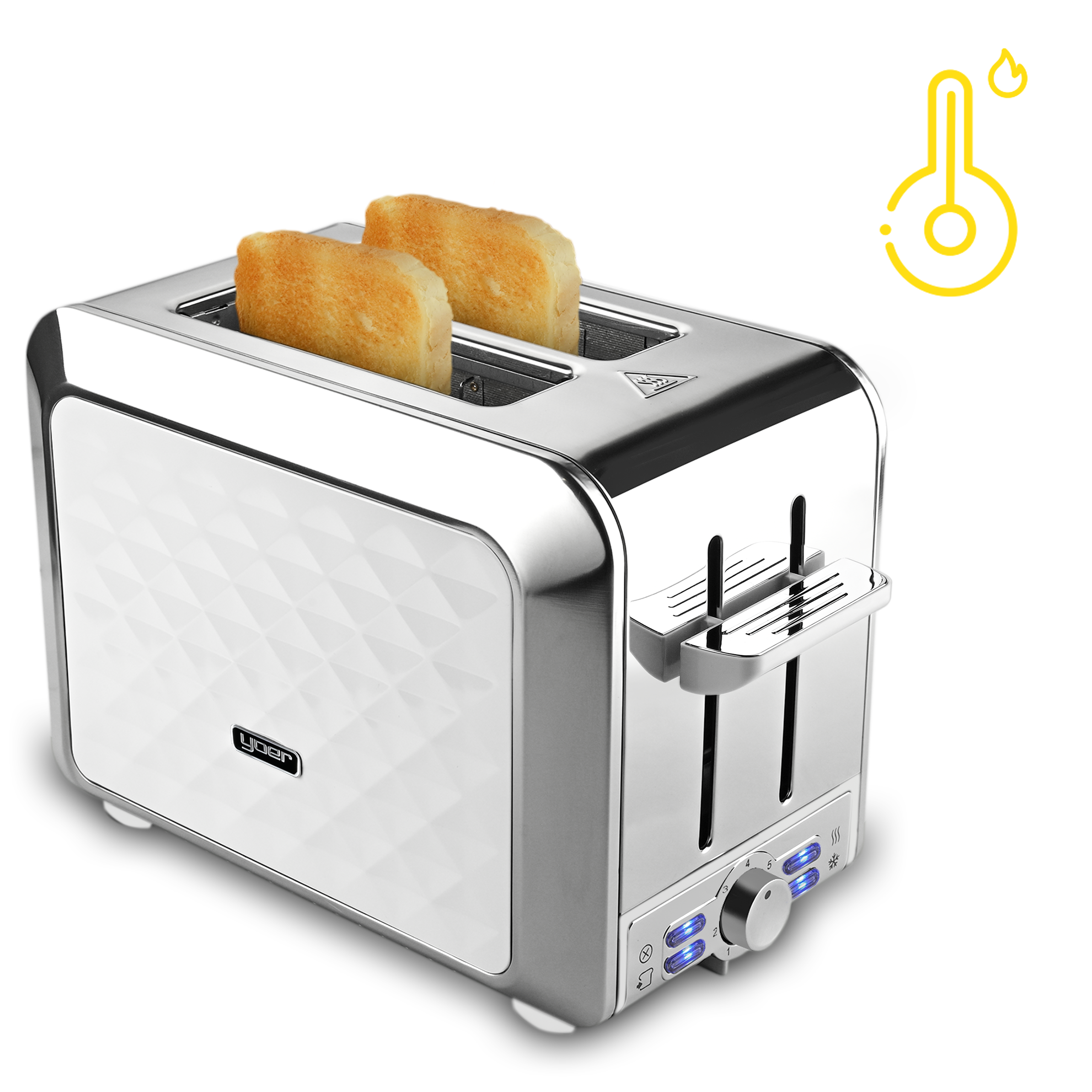 Chromowany toster z dwoma kromkami tostów. Widoczny wskaźnik temperatury.