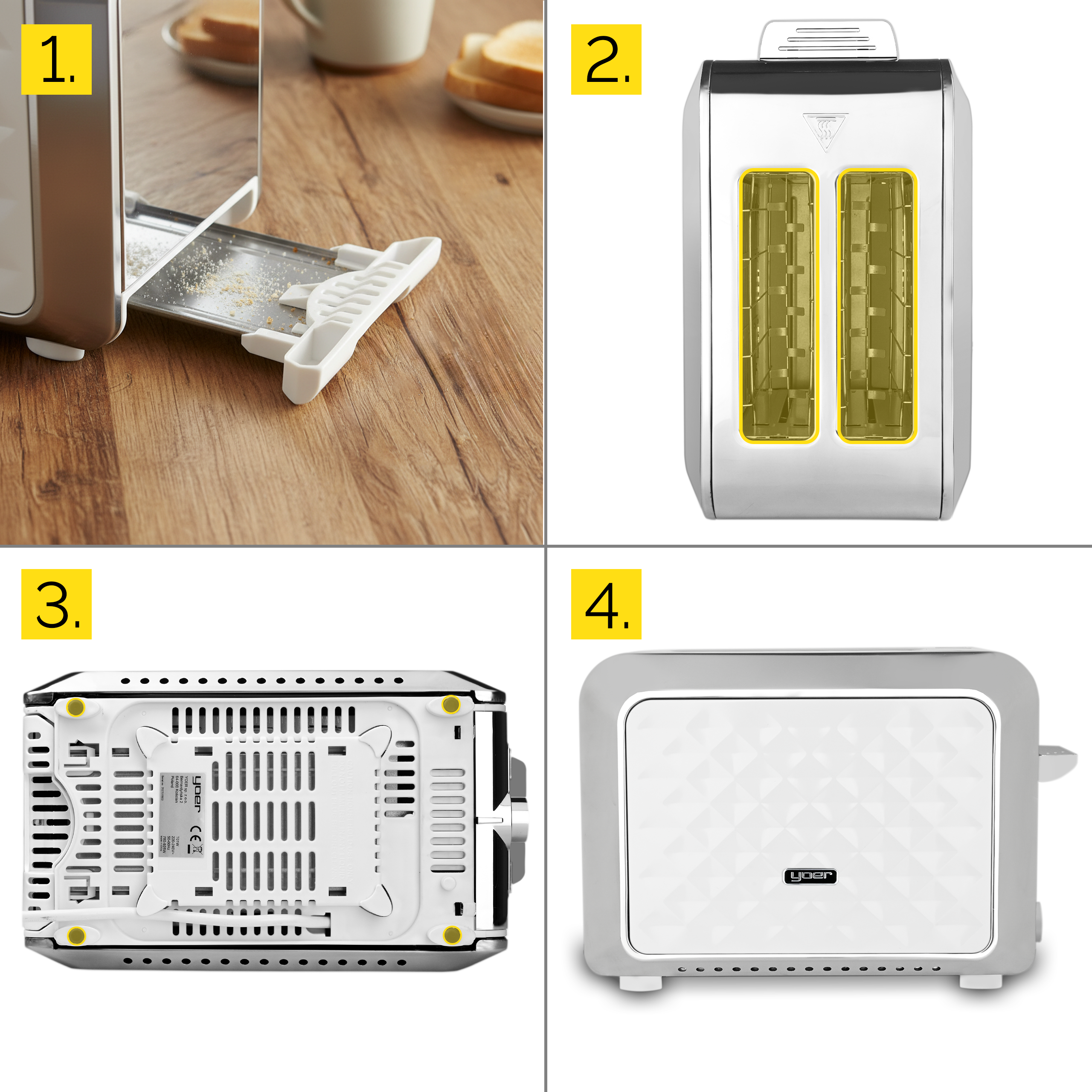 Zbliżenie na toster z różnymi widokami, pokazujące jego design i funkcje.