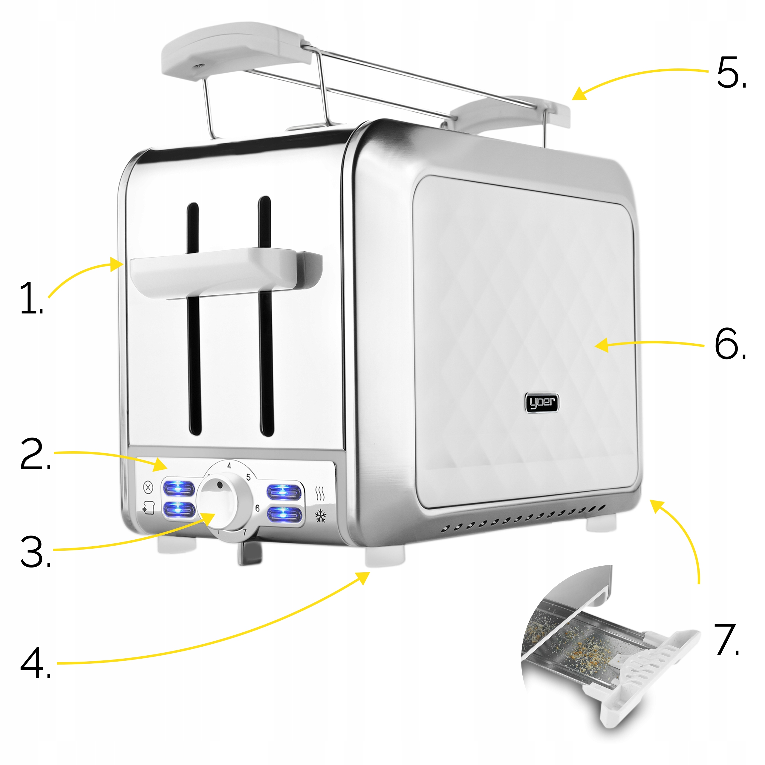 Srebrny toster z białymi akcentami. Posiada pokrętło, przyciski i tackę na okruchy. Bok ma wzór rombu.