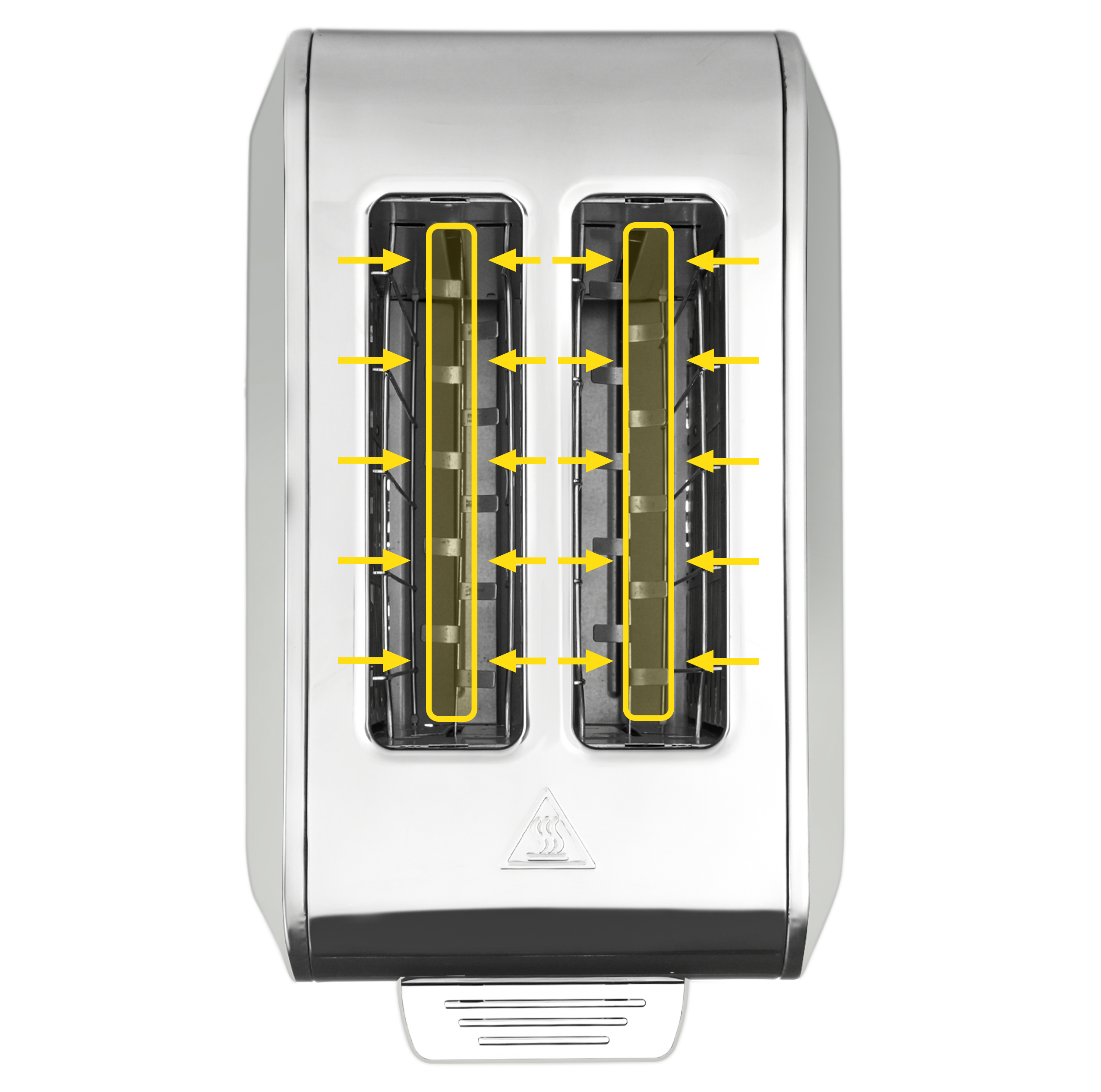 Chromowany toster z dwoma otworami, dźwignią i tacką na okruchy. Strzałki podkreślają wewnętrzne otwory.