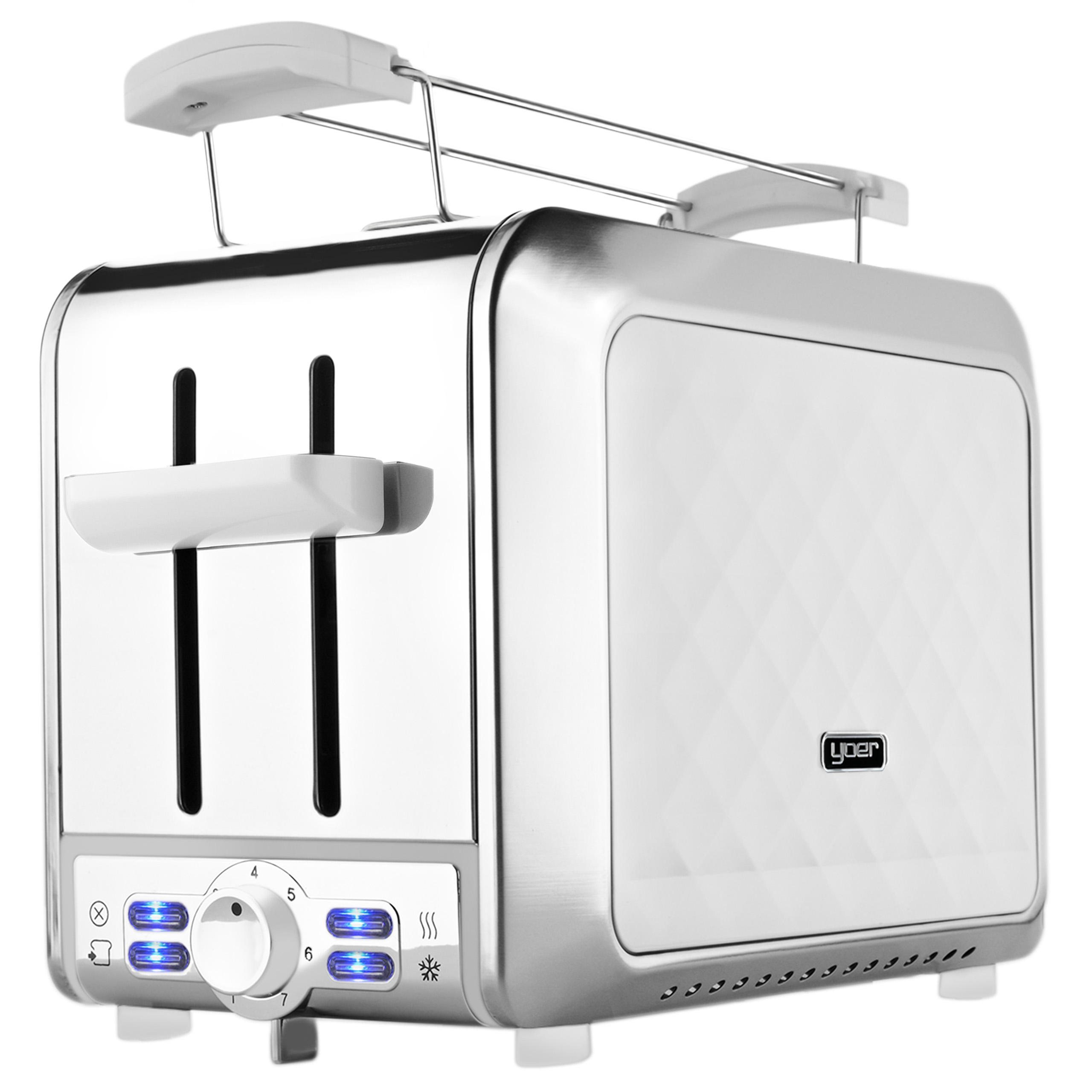 Chromowany i biały toster. Ma dwa otwory, pokrętło i biały panel boczny w romby.