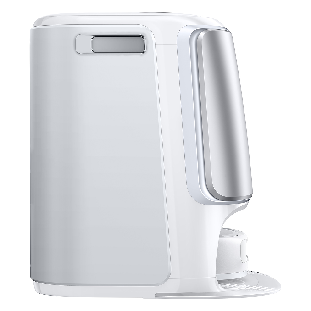 Białe i srebrne urządzenie. Ma zaokrągloną konstrukcję. Srebrny panel znajduje się po prawej stronie. Na górze znajduje się mały uchwyt.