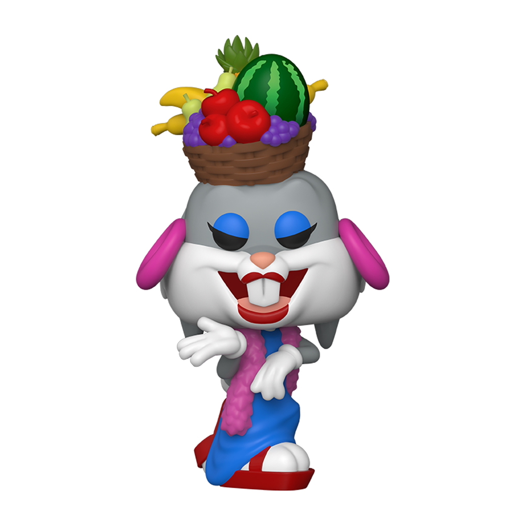 Figura Królika Bugsa w dragu, ubranego w niebieską sukienkę i różową boa, niosącego kosz owoców na głowie.