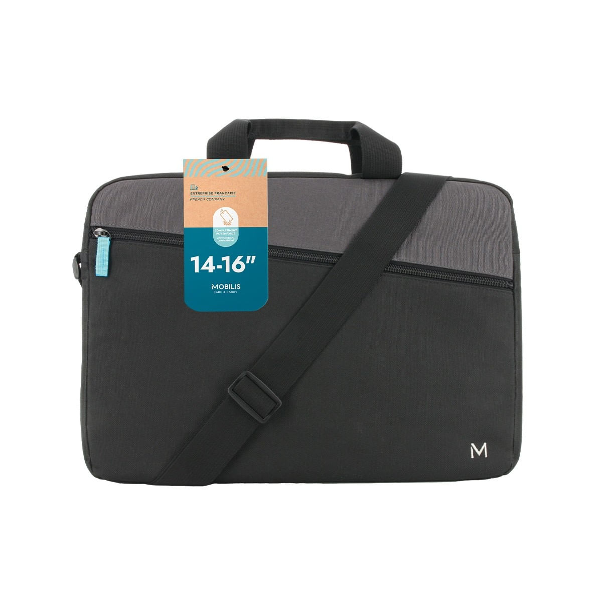 Borsa per laptop nera e grigia con manico e tracolla. Ha un'etichetta con la scritta 14-16" e il marchio Mobilis.