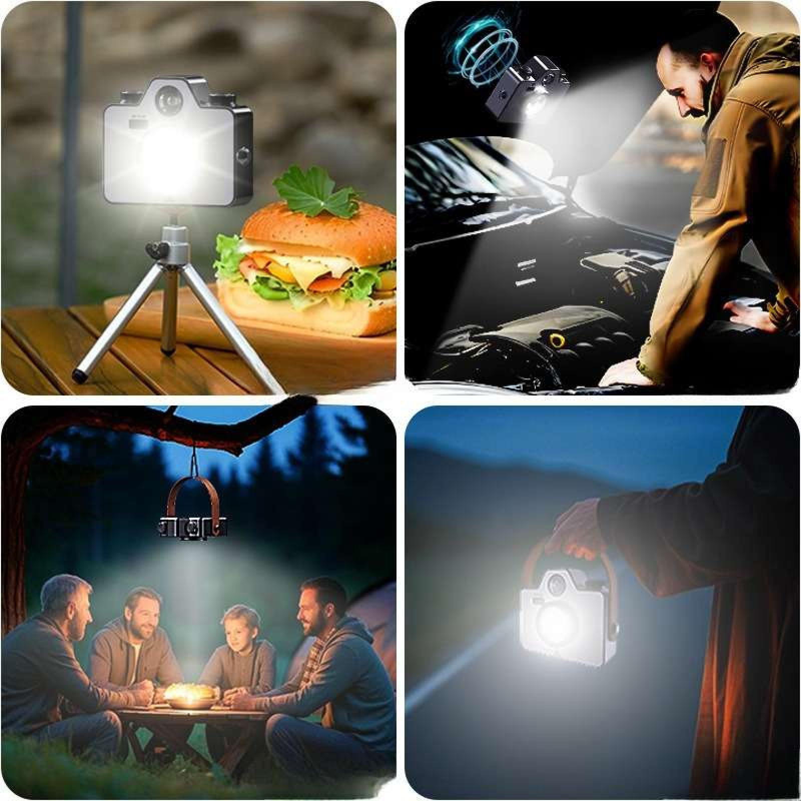 Das Bild zeigt ein Licht, das in verschiedenen Szenarien verwendet wird: Essen, Auto, Camping und Handheld. Alle mit derselben Lichtquelle.