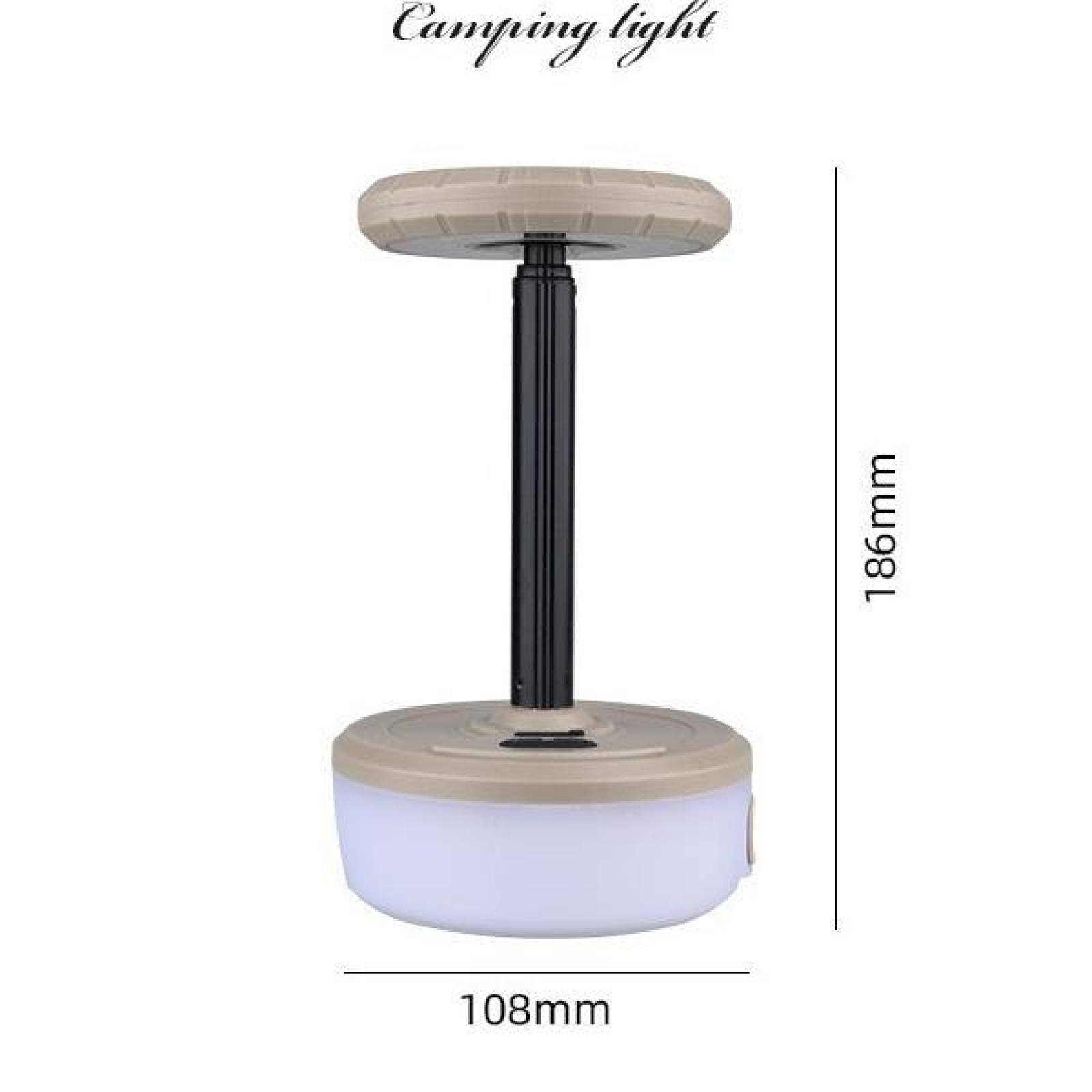 Eine Campinglampe, beige oben und unten, schwarzer Stiel. Abmessungen: 186 mm Höhe, 108 mm Breite.