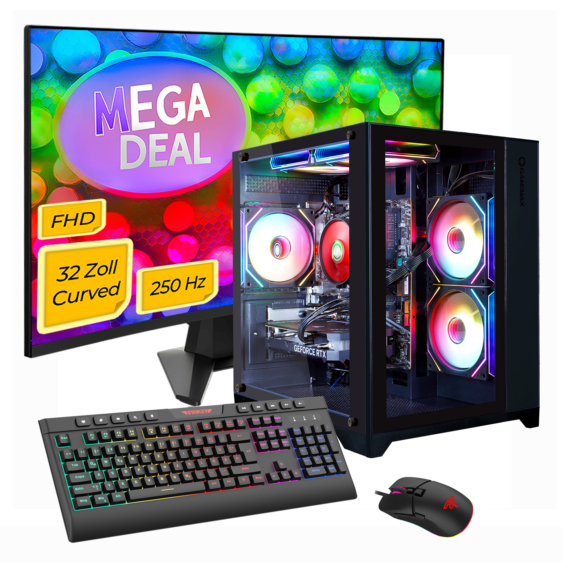 Ein Computer-Setup mit Monitor, PC, Tastatur und Maus. Monitor zeigt 'MEGA DEAL'. PC hat RGB-Lüfter. Tastatur und Maus haben Lichter.