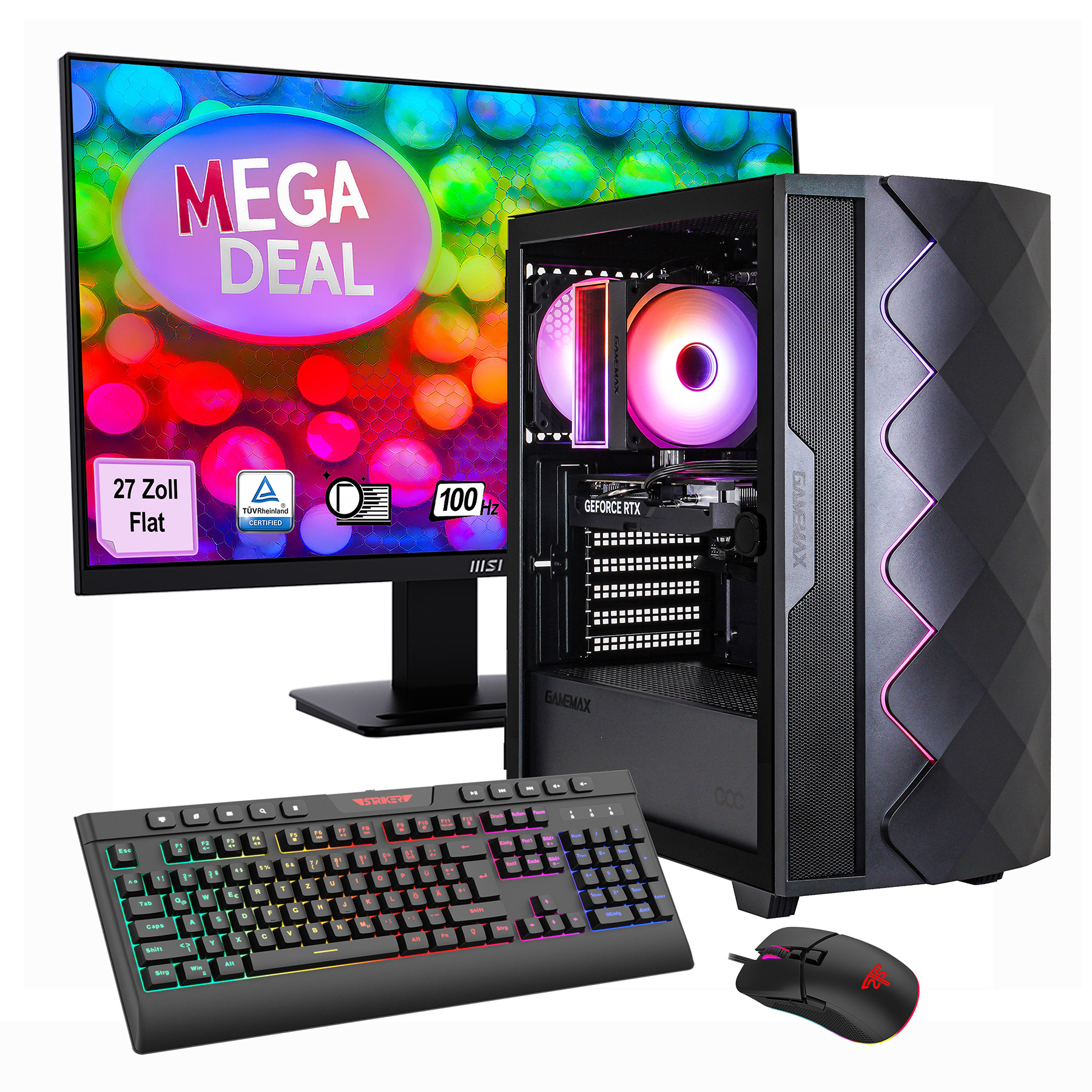 Un'impostazione del computer con monitor, torre del PC, tastiera e mouse. Il monitor mostra 'MEGA DEAL'.