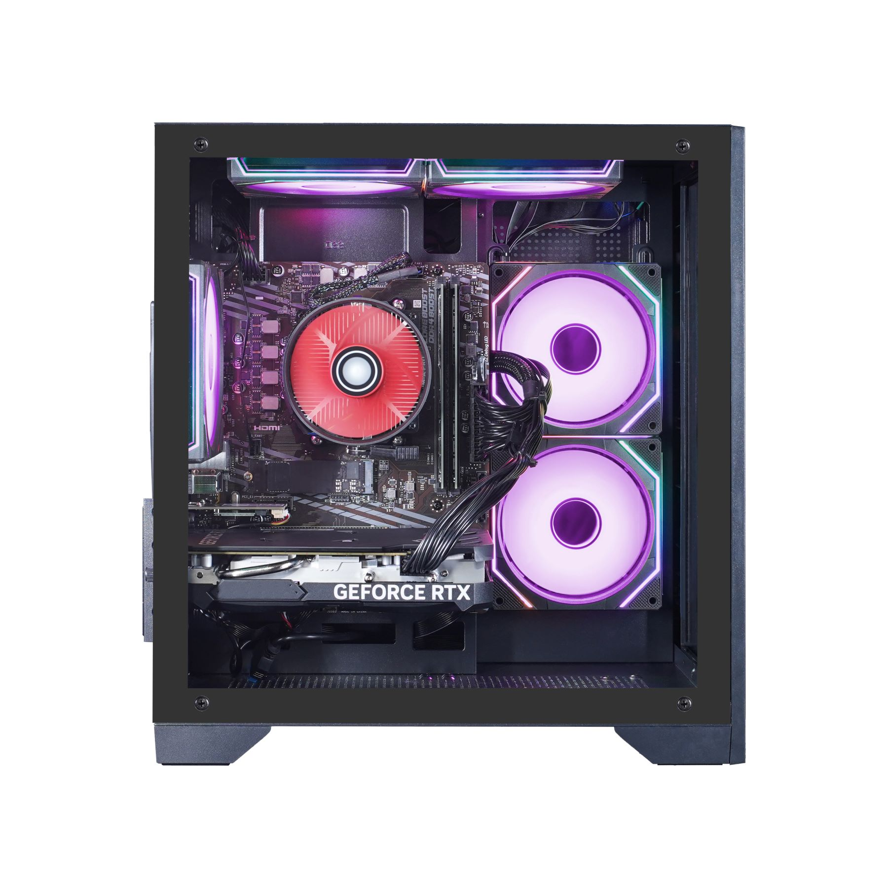 Ein Computergehäuse mit internen Komponenten. Es hat einen roten CPU-Kühler, Lüfter mit lila Lichtern und eine GeForce RTX Grafikkarte.